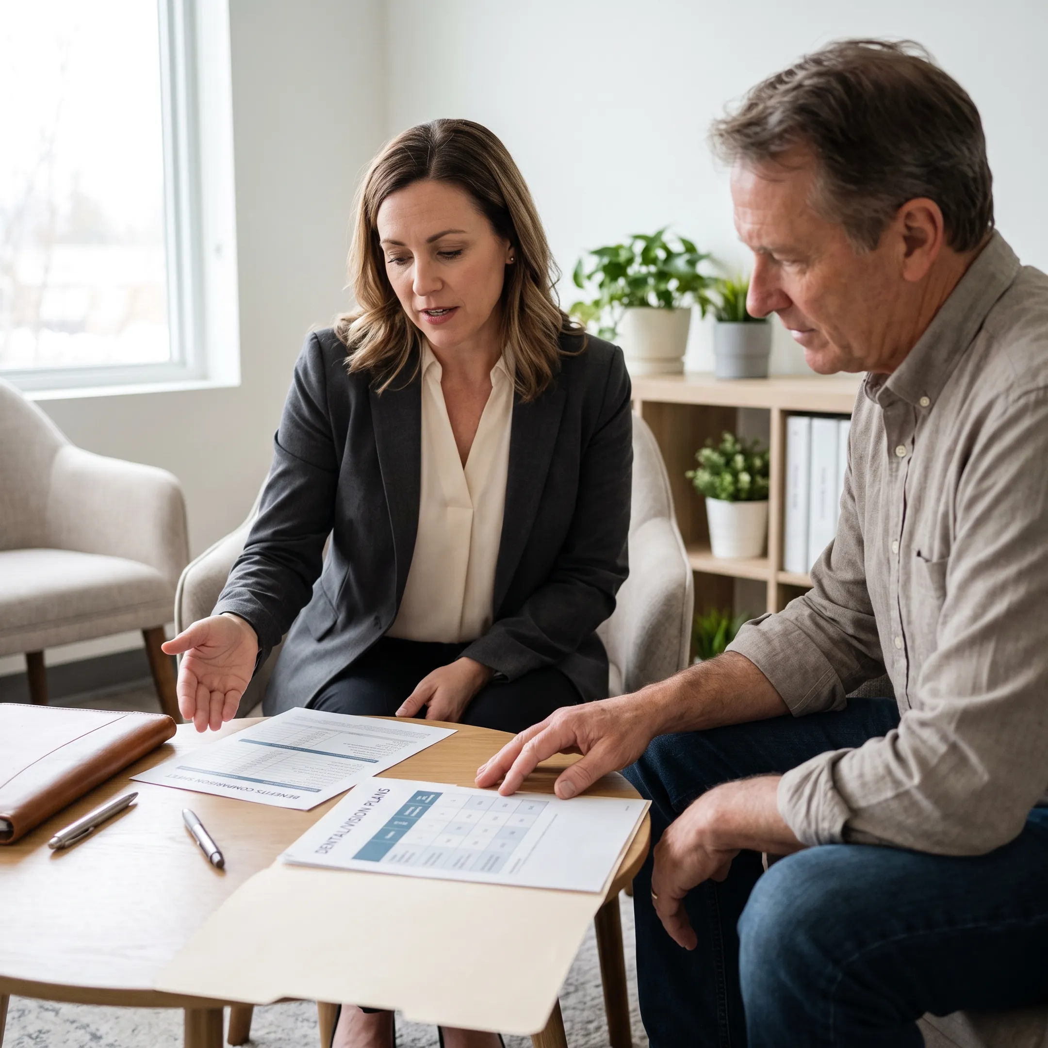 Insurance advisor explaining dental and vision coverage choices