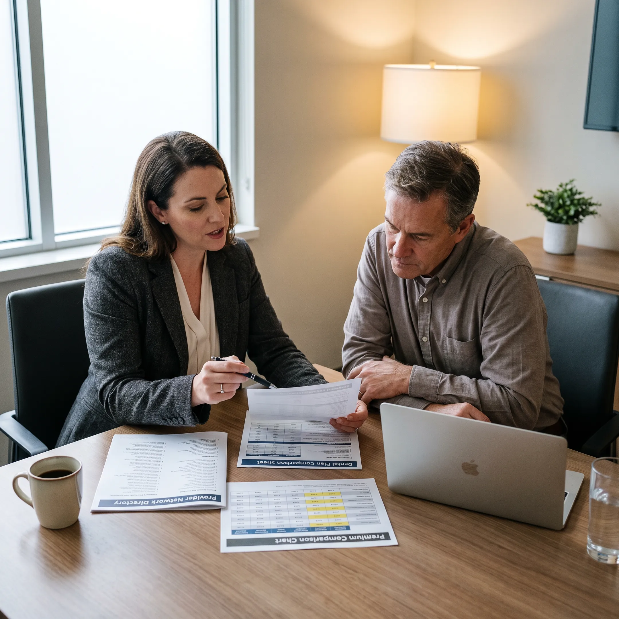 Advisor comparing dental insurance plans and benefits