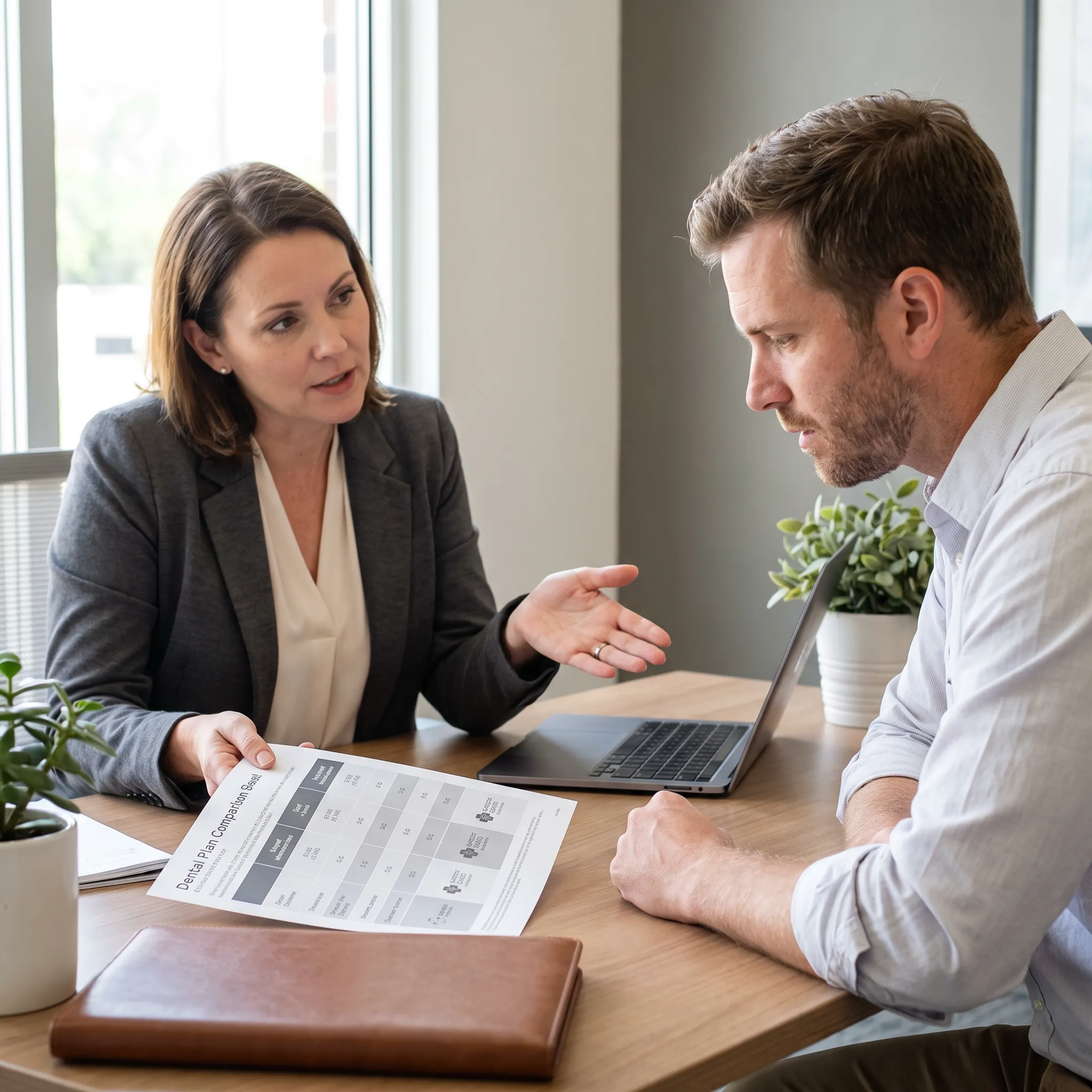 Advisor explaining dental insurance benefits to an independent worker