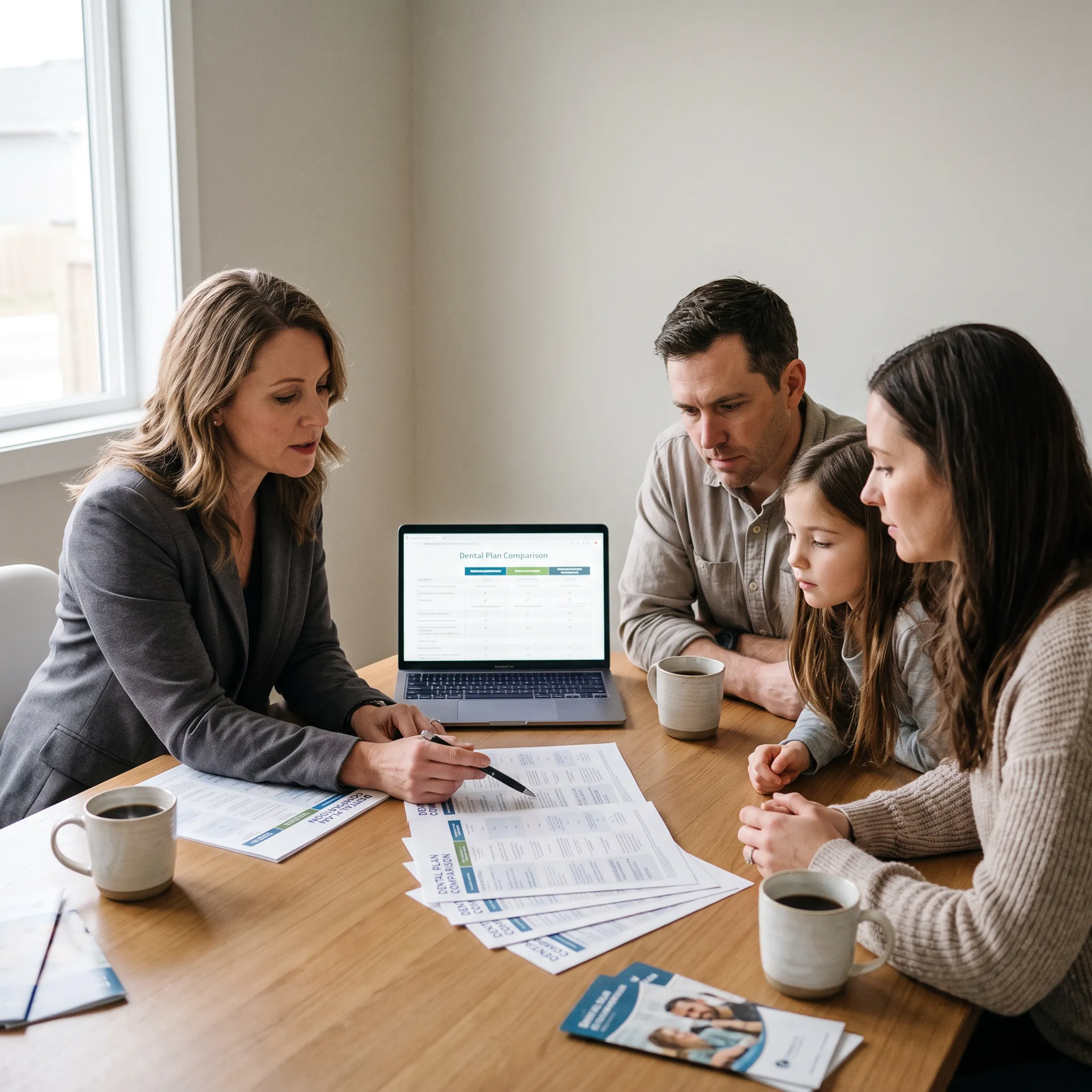 Advisor explaining dental plan benefits to a family