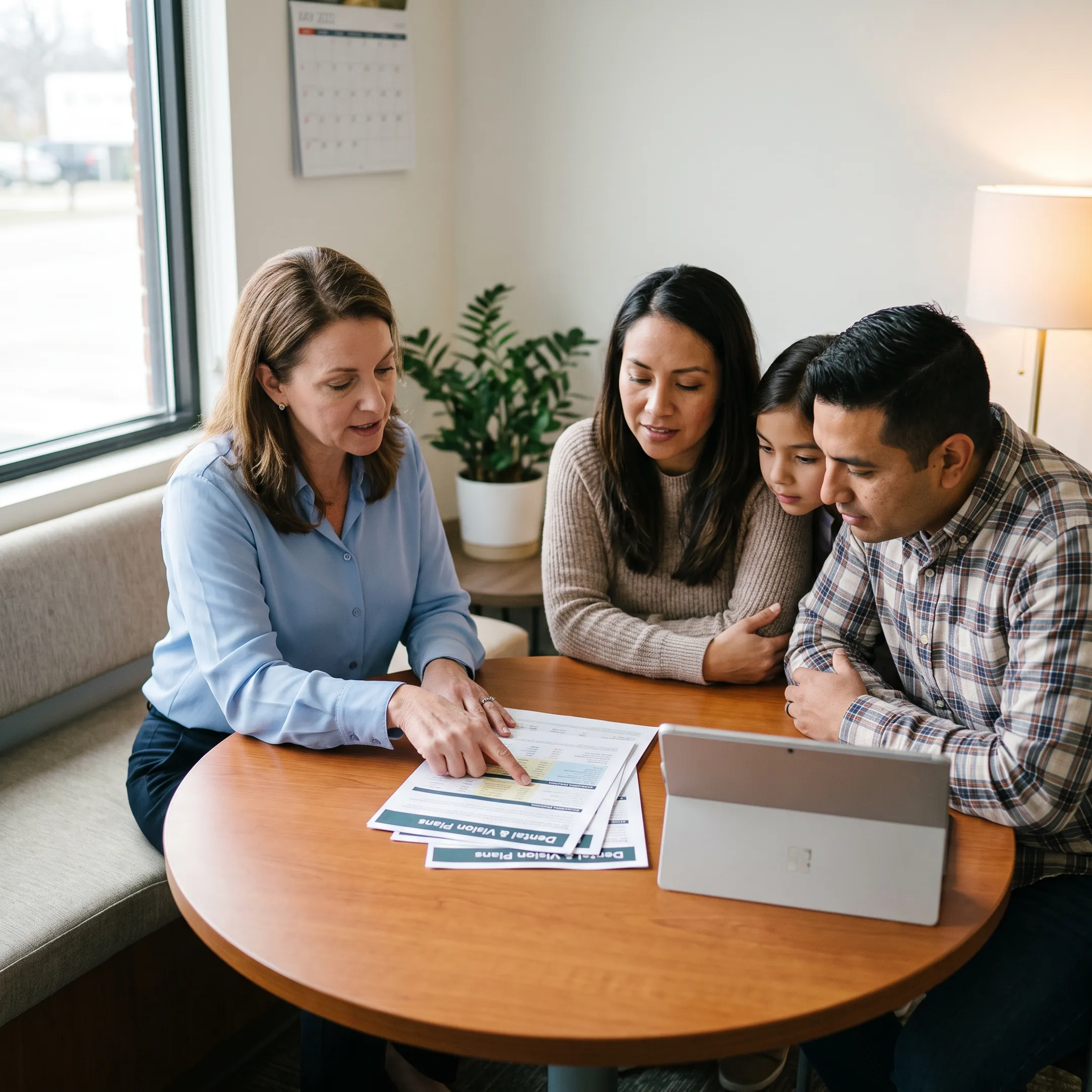 Advisor helping a family compare dental and vision insurance plans
