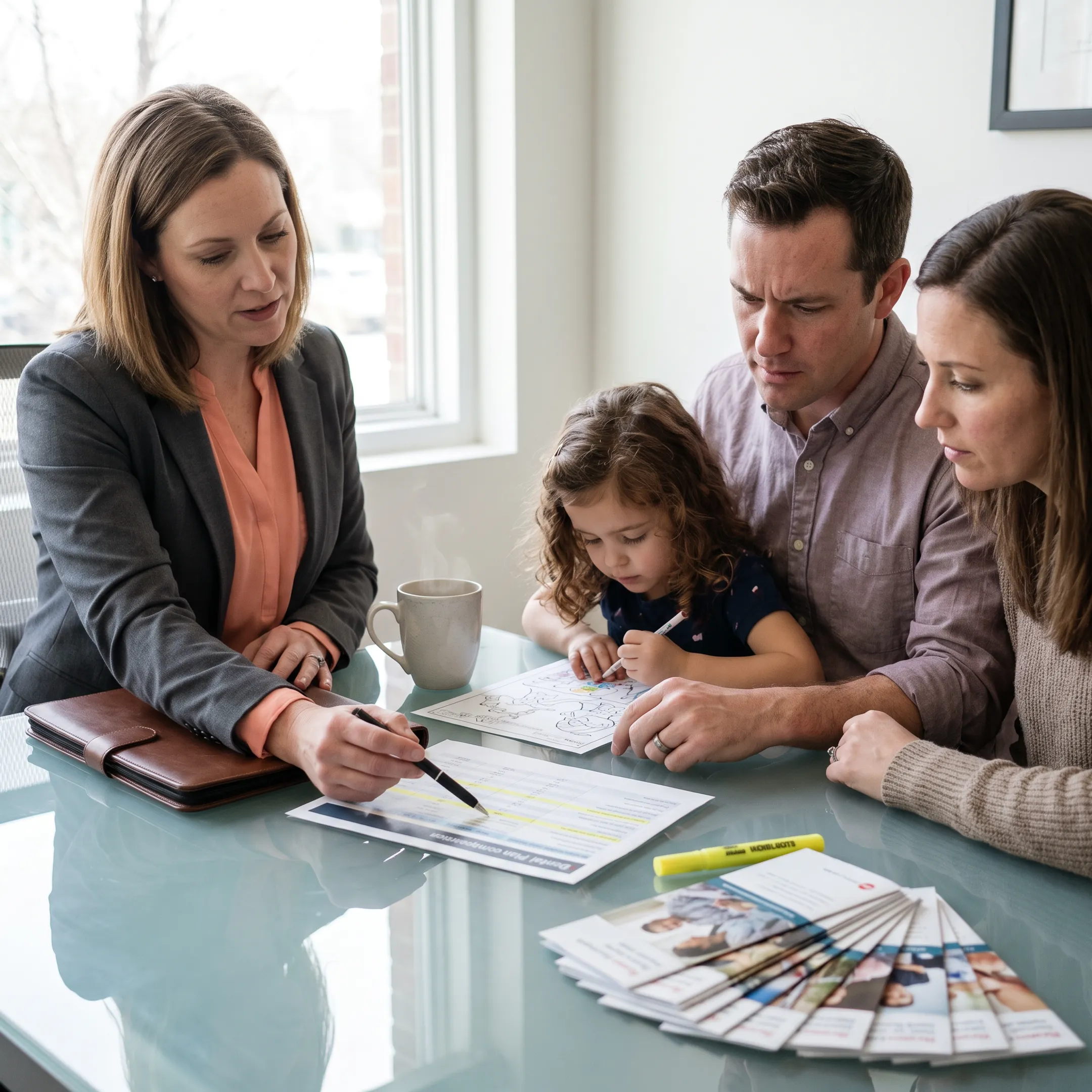 Advisor explaining dental and vision insurance options to a family