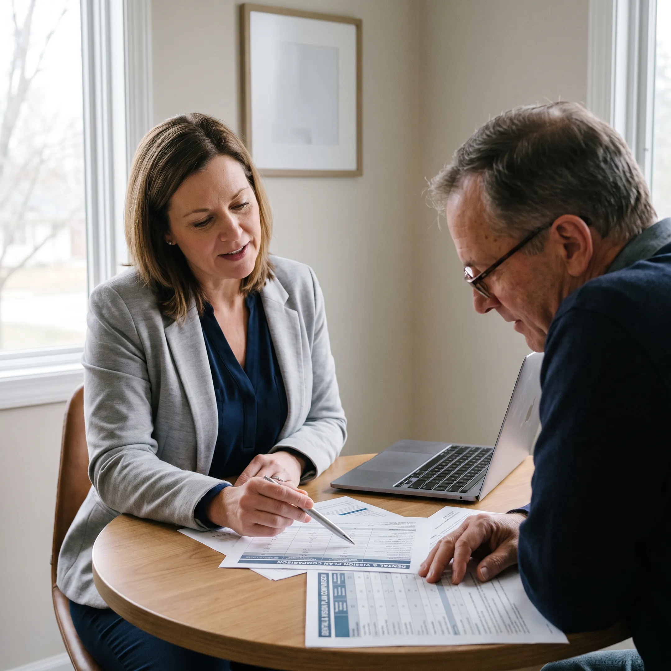 Advisor comparing dental and vision insurance plans with a client