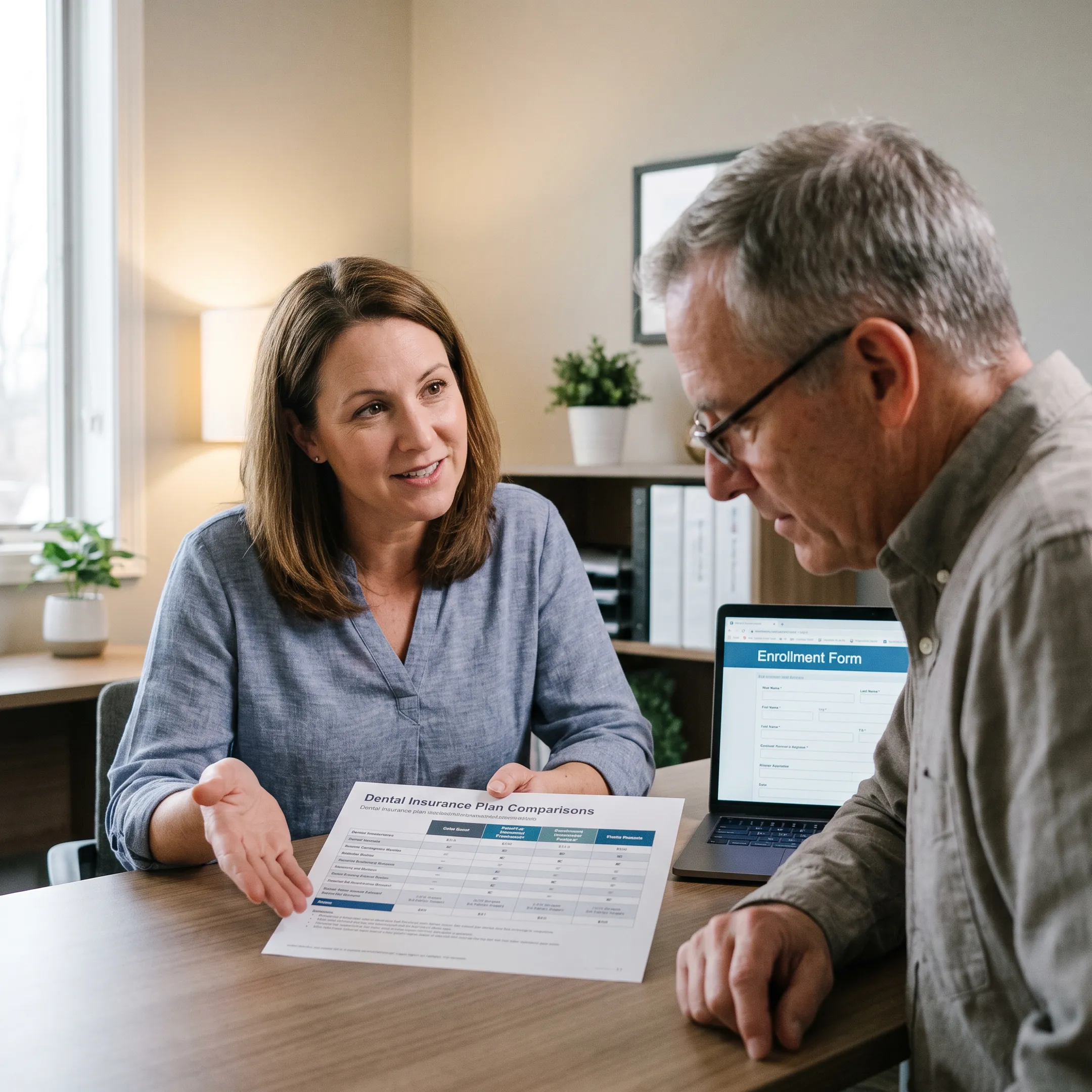 Insurance agent helping client compare dental plans