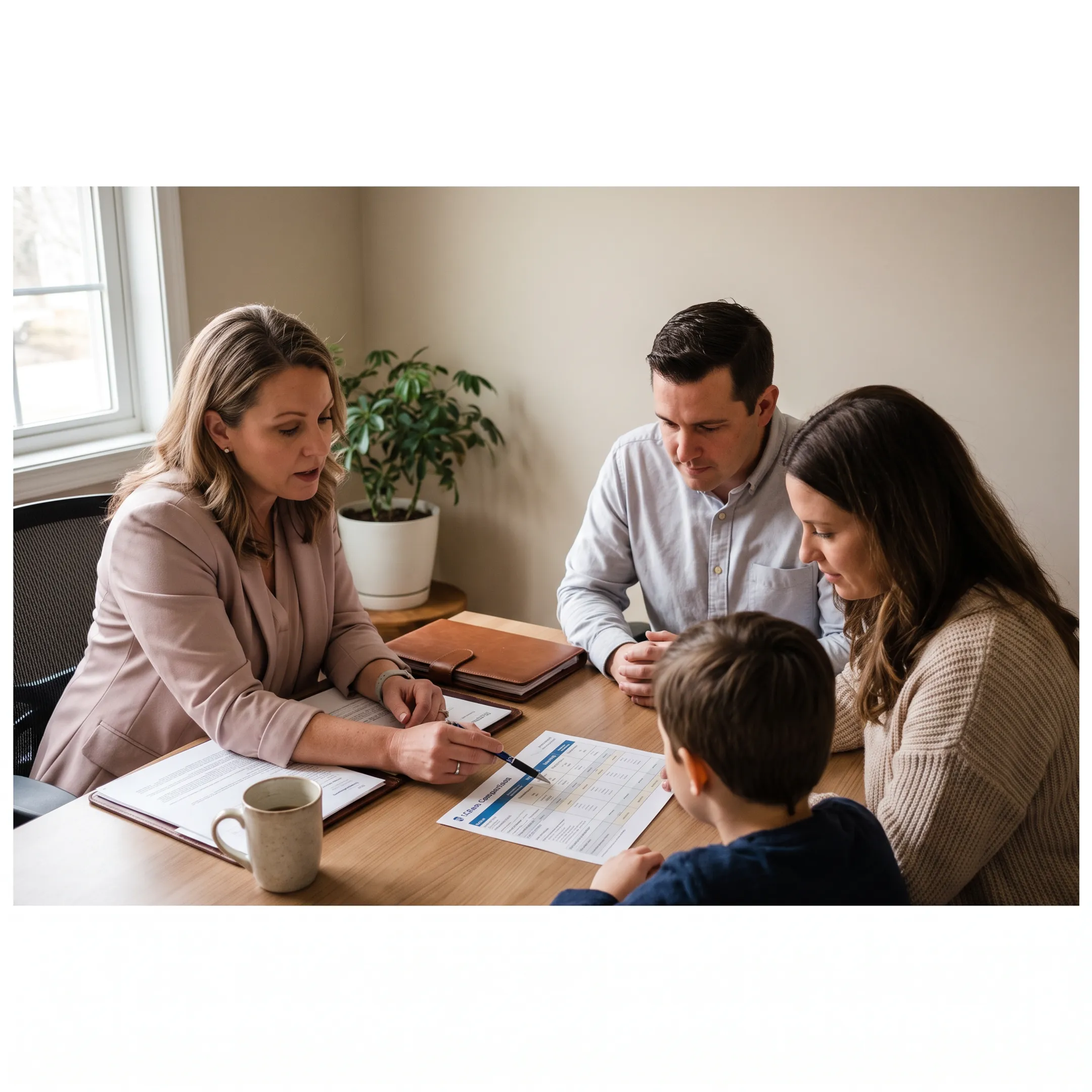 Insurance advisor discussing health and dental coverage options with a family