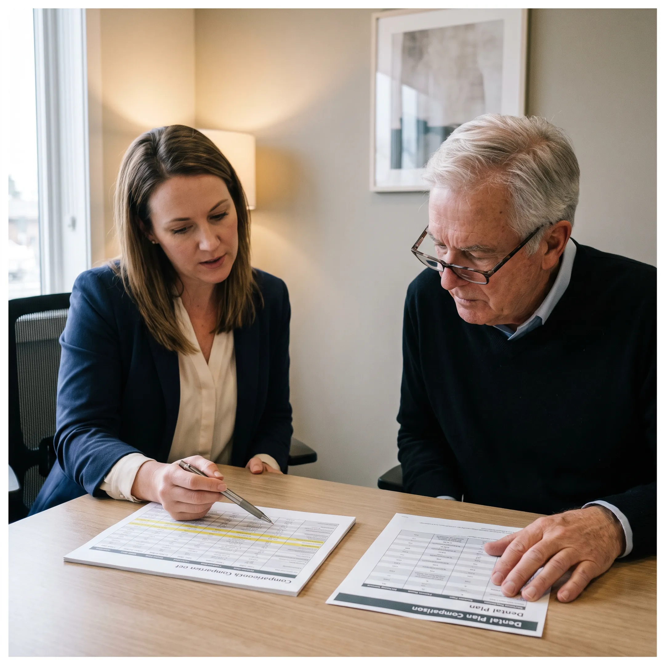 Advisor explaining dental insurance benefits to a senior