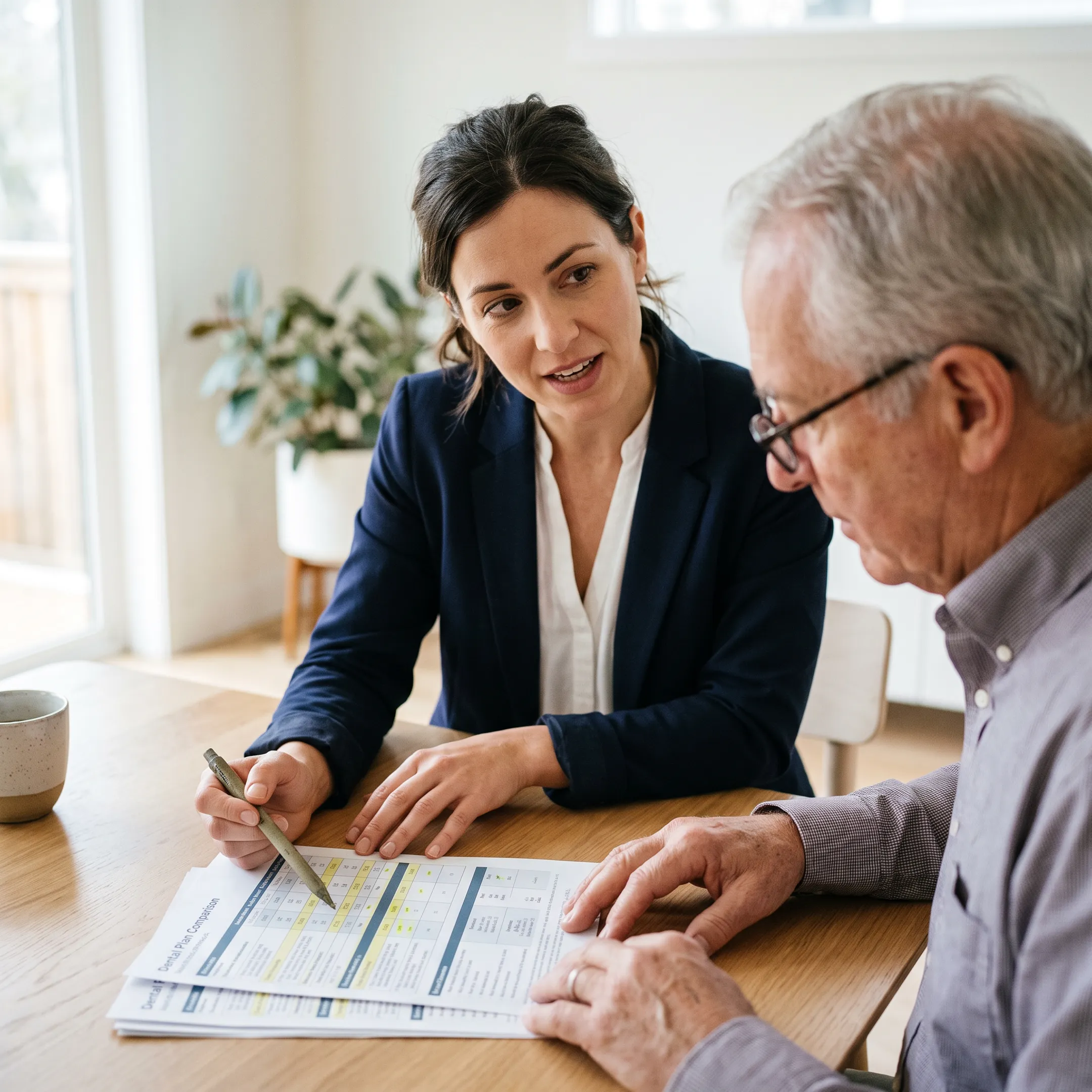 Advisor explaining no-wait dental insurance benefits
