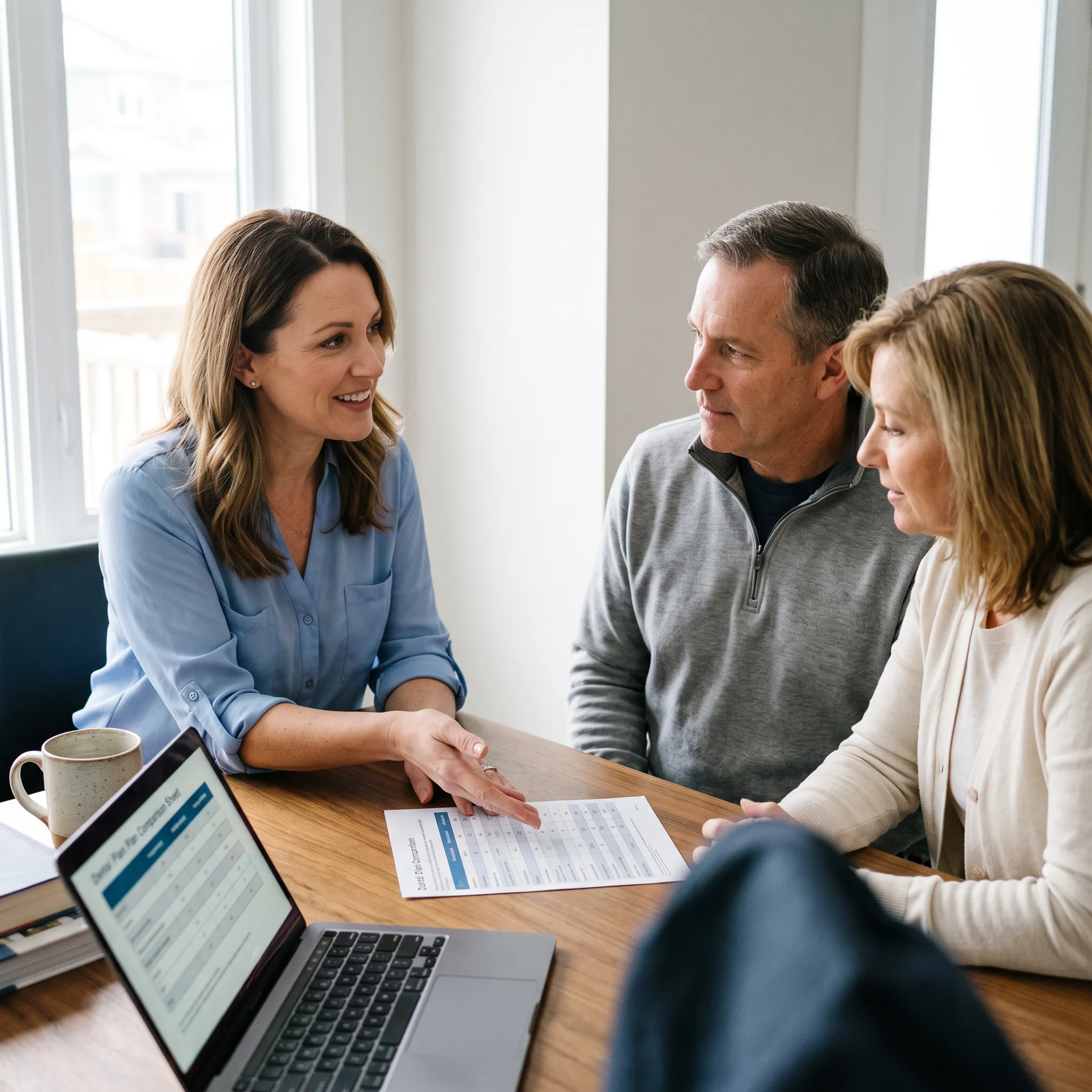 Advisor explaining no-wait dental insurance options to a family