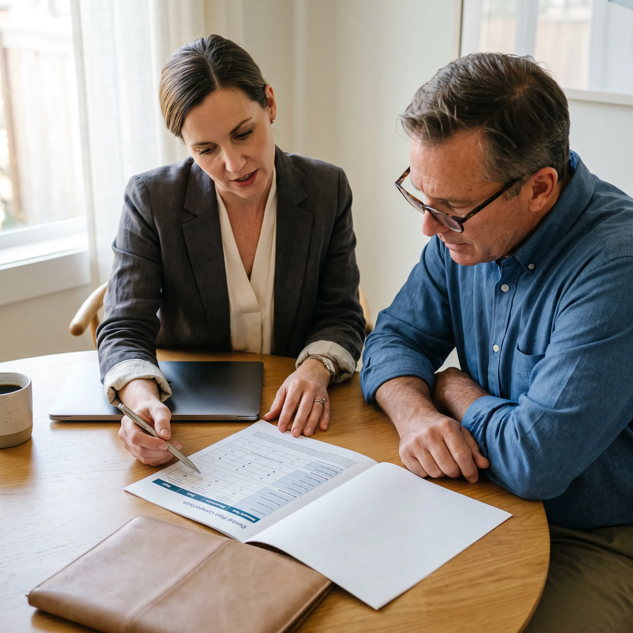 Person comparing dental insurance plans with an advisor