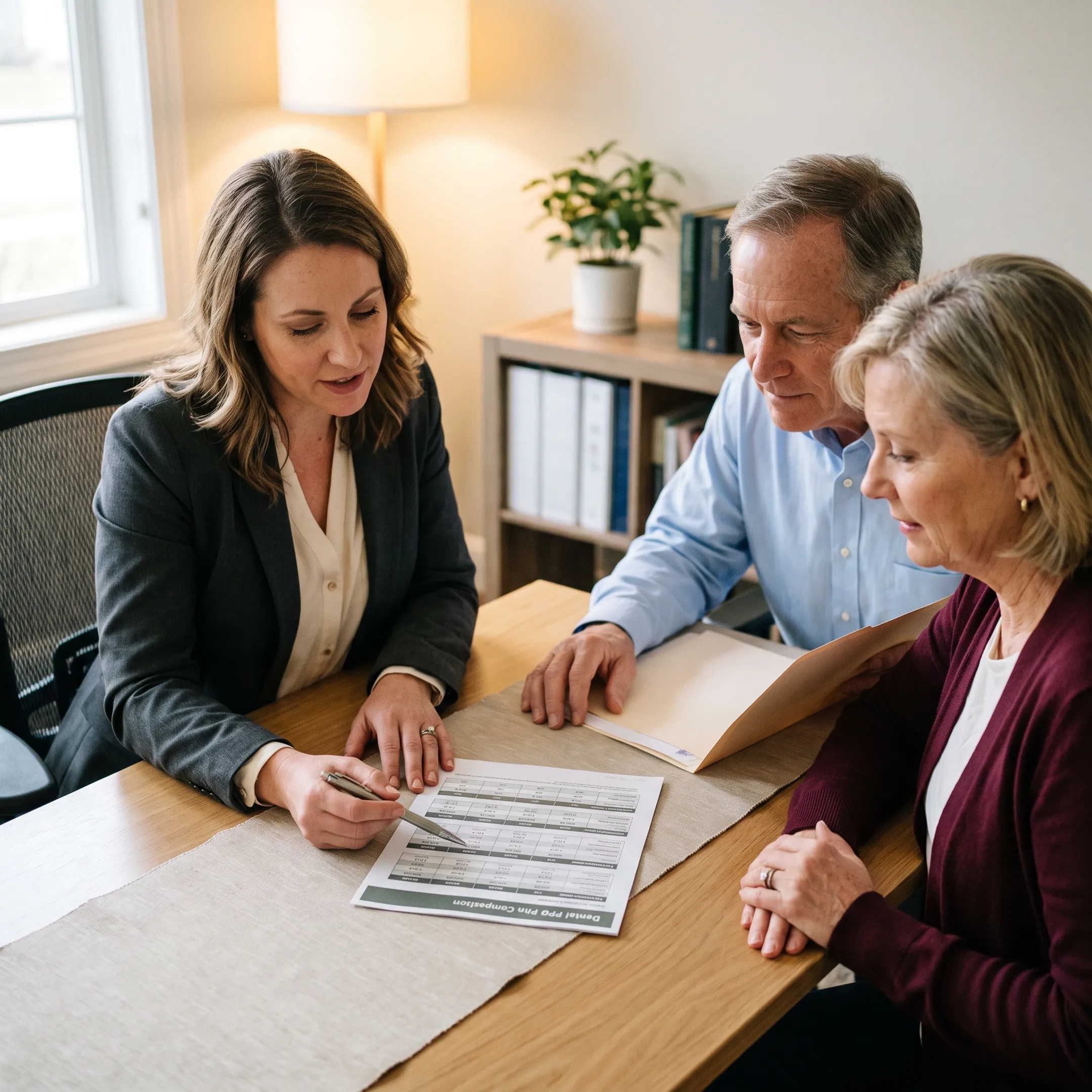 Advisor explaining no-wait dental insurance options to a couple