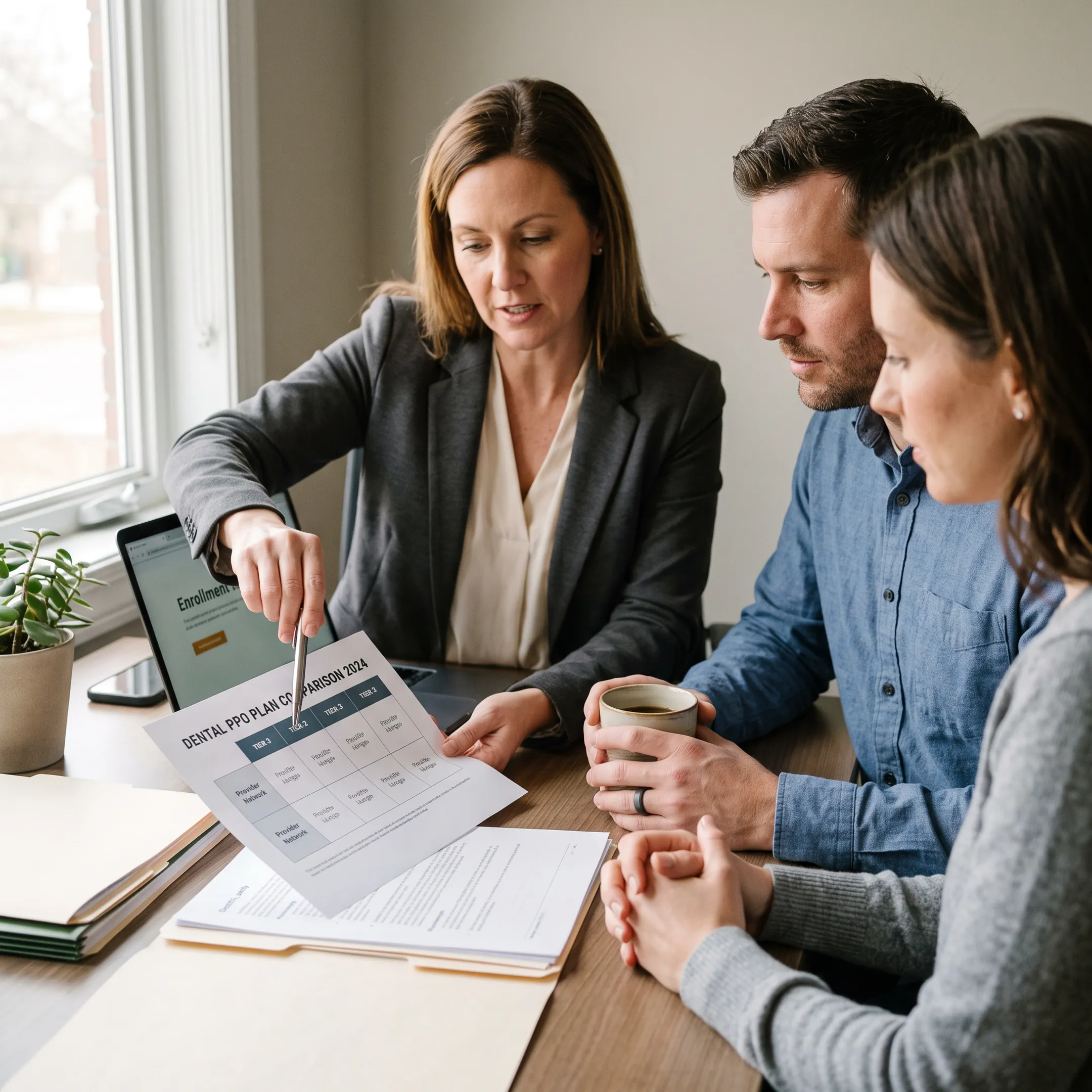 Advisor explaining PPO dental coverage to a family