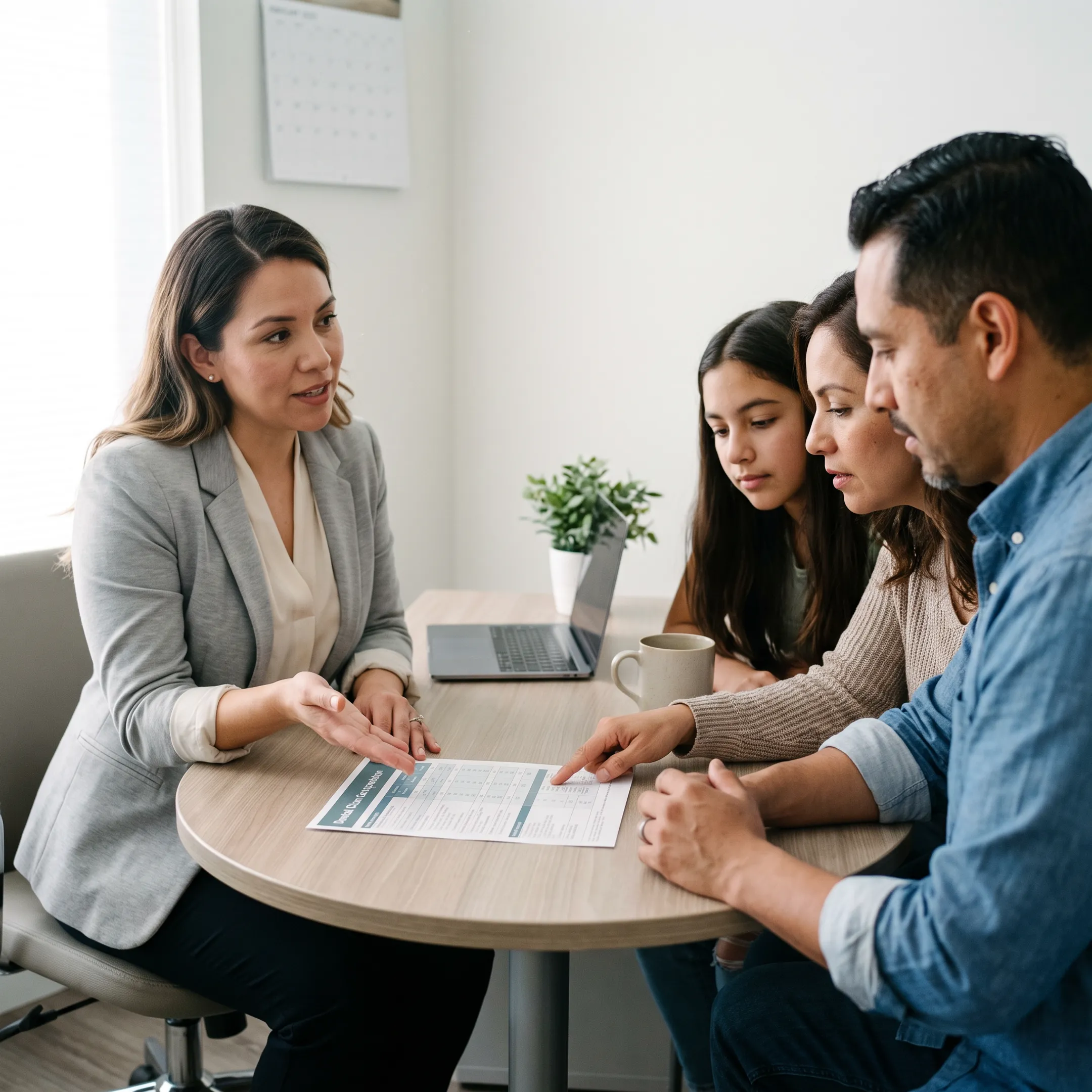 Familia conversando sobre opciones de seguro dental