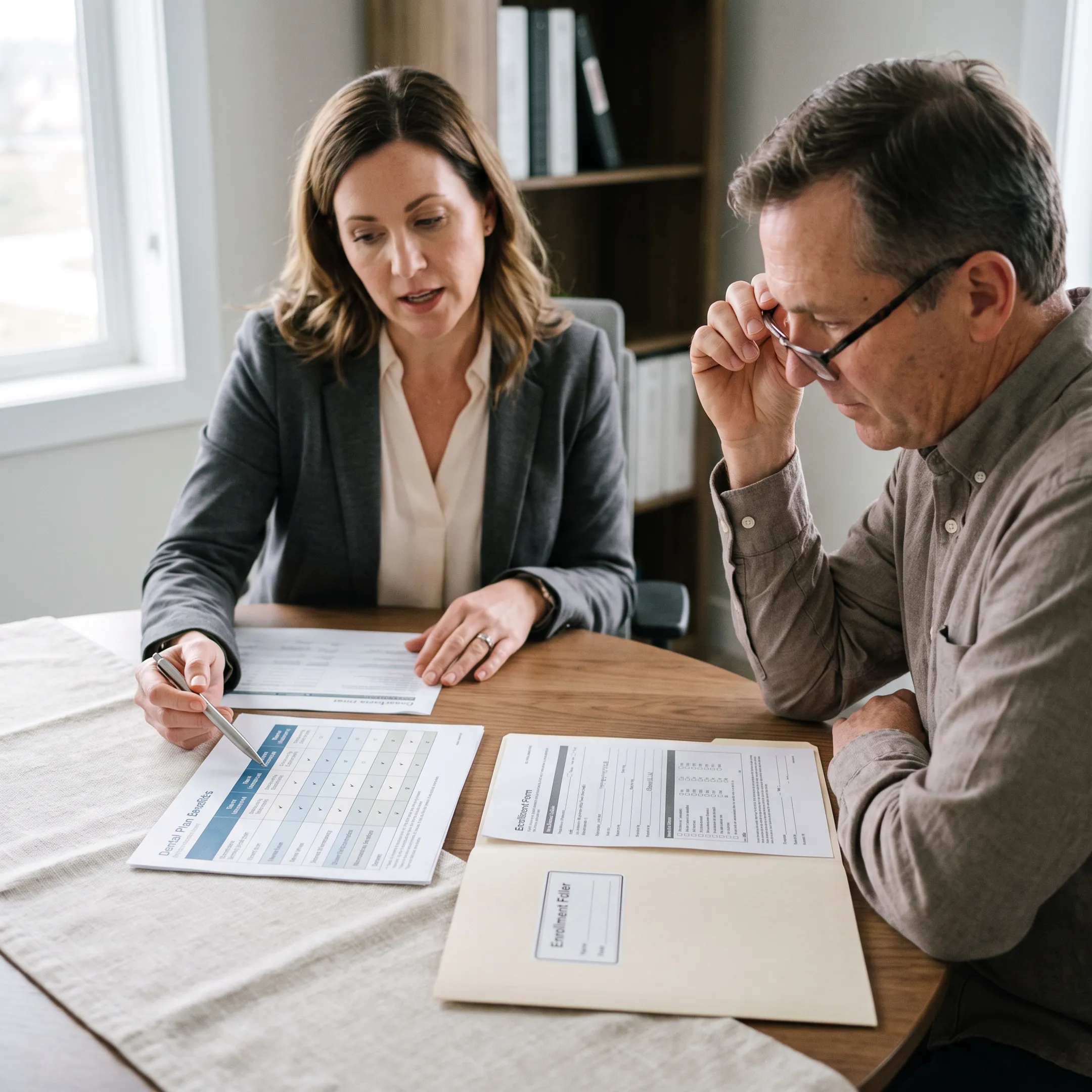 Client reviewing dental insurance plan choices with an advisor