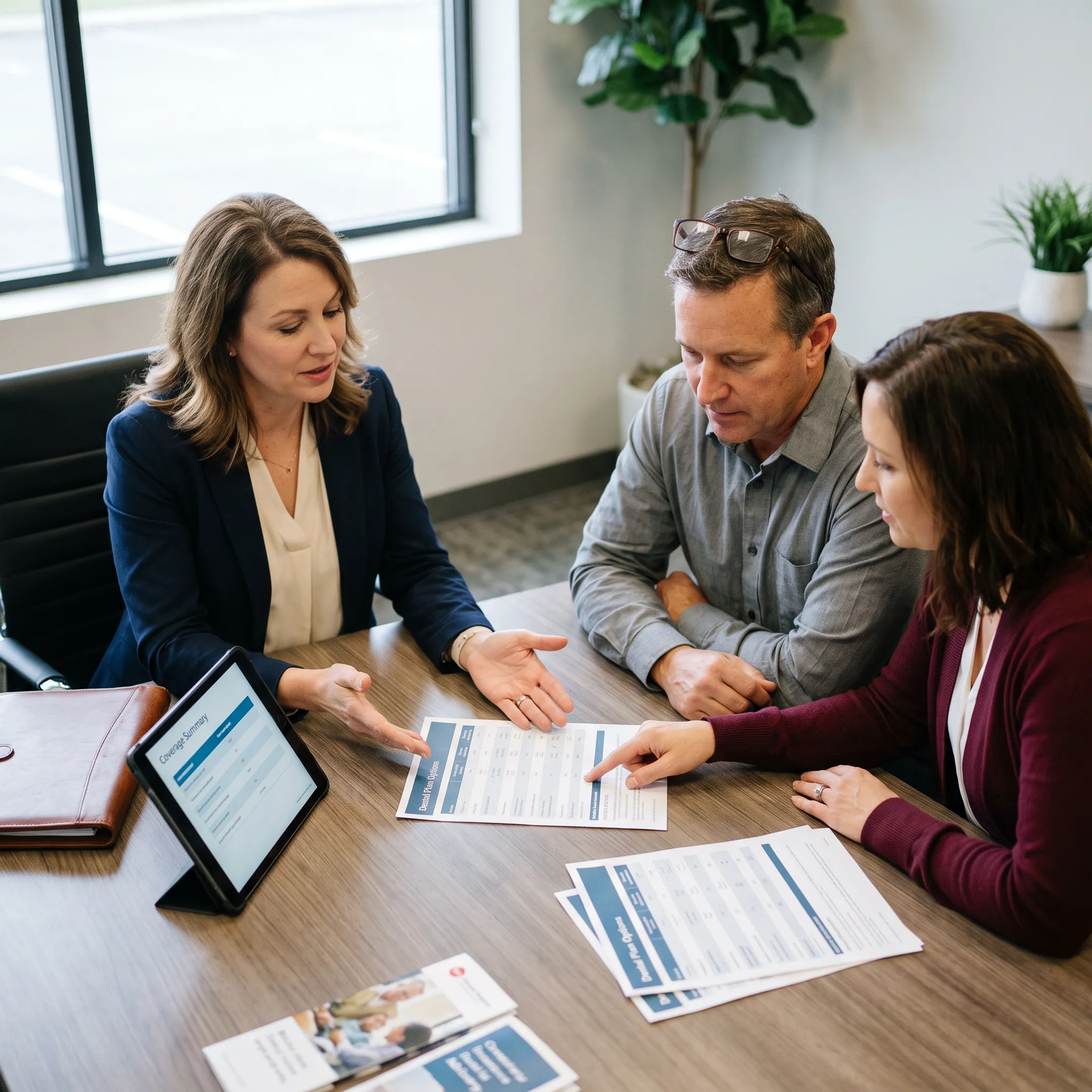 Advisor explaining dental insurance coverage to a family