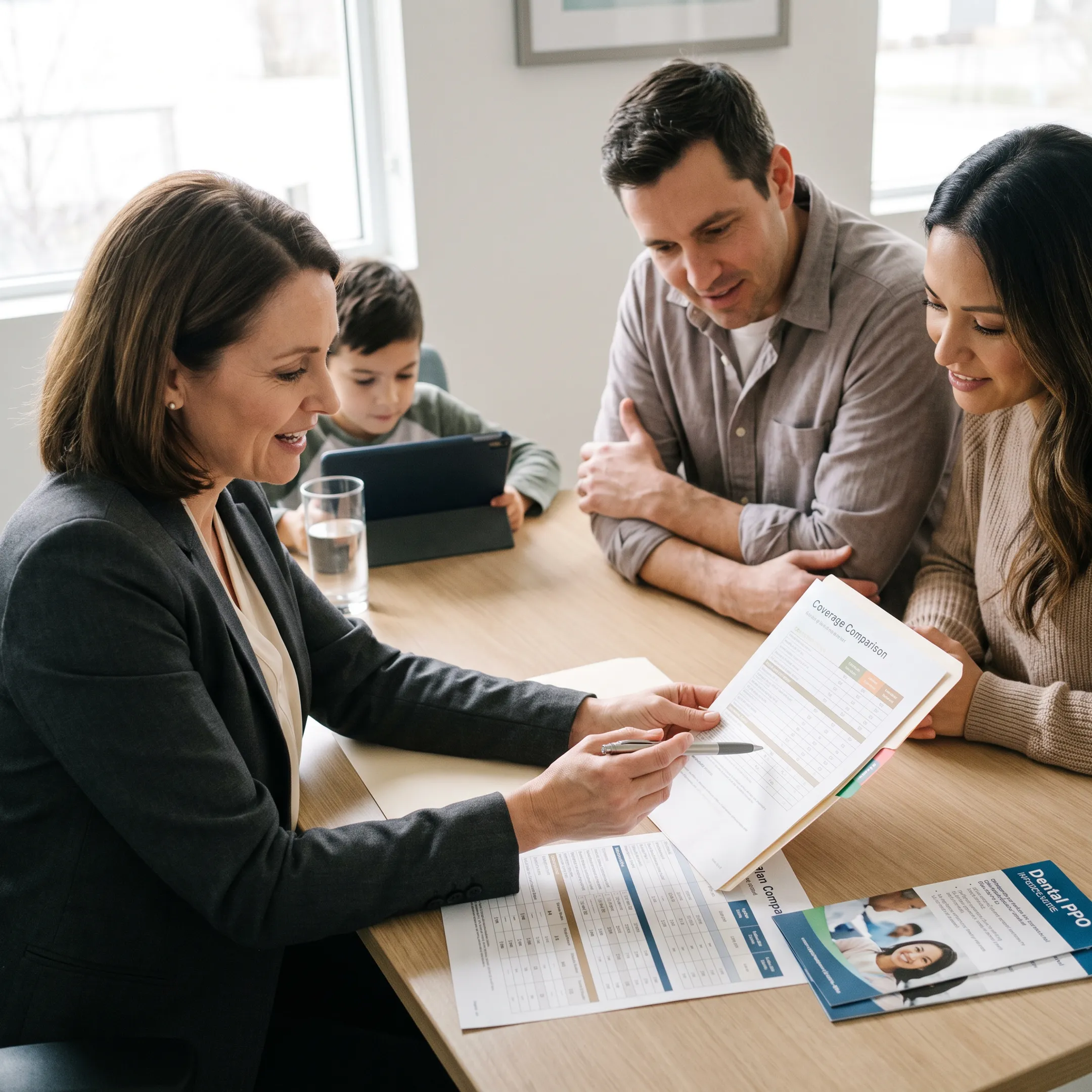Family reviewing private dental insurance options with an advisor