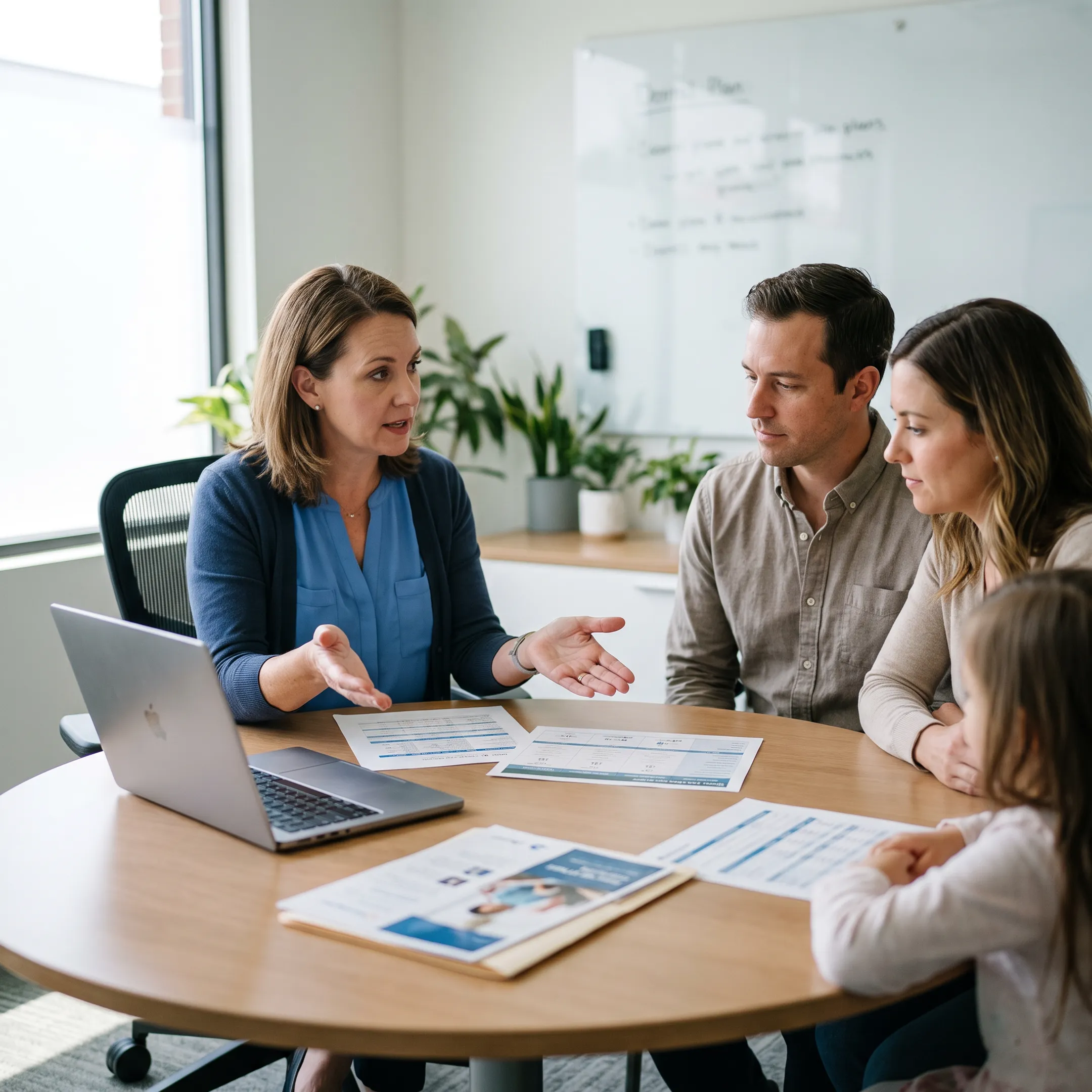 Family discussing dental insurance options with an advisor