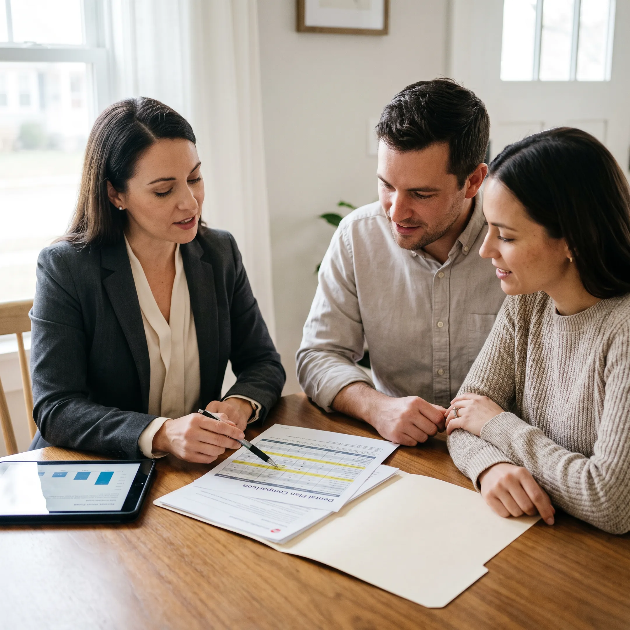Advisor explaining no-wait dental insurance options to a family