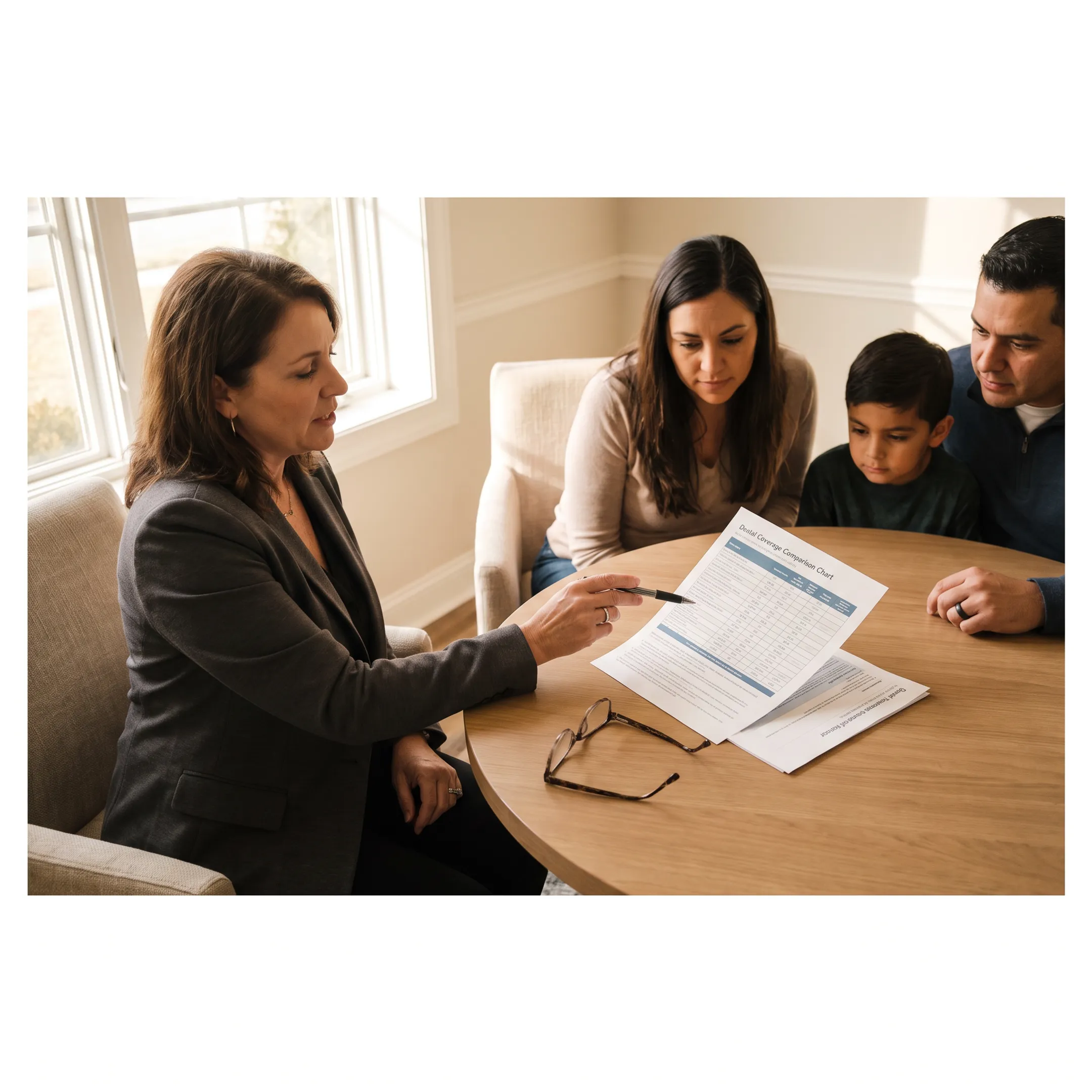 Family reviewing dental insurance plan choices with an advisor