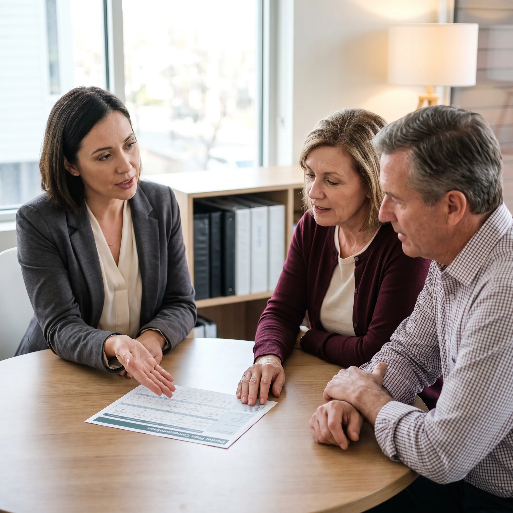 Advisor explaining dental insurance benefits to a couple