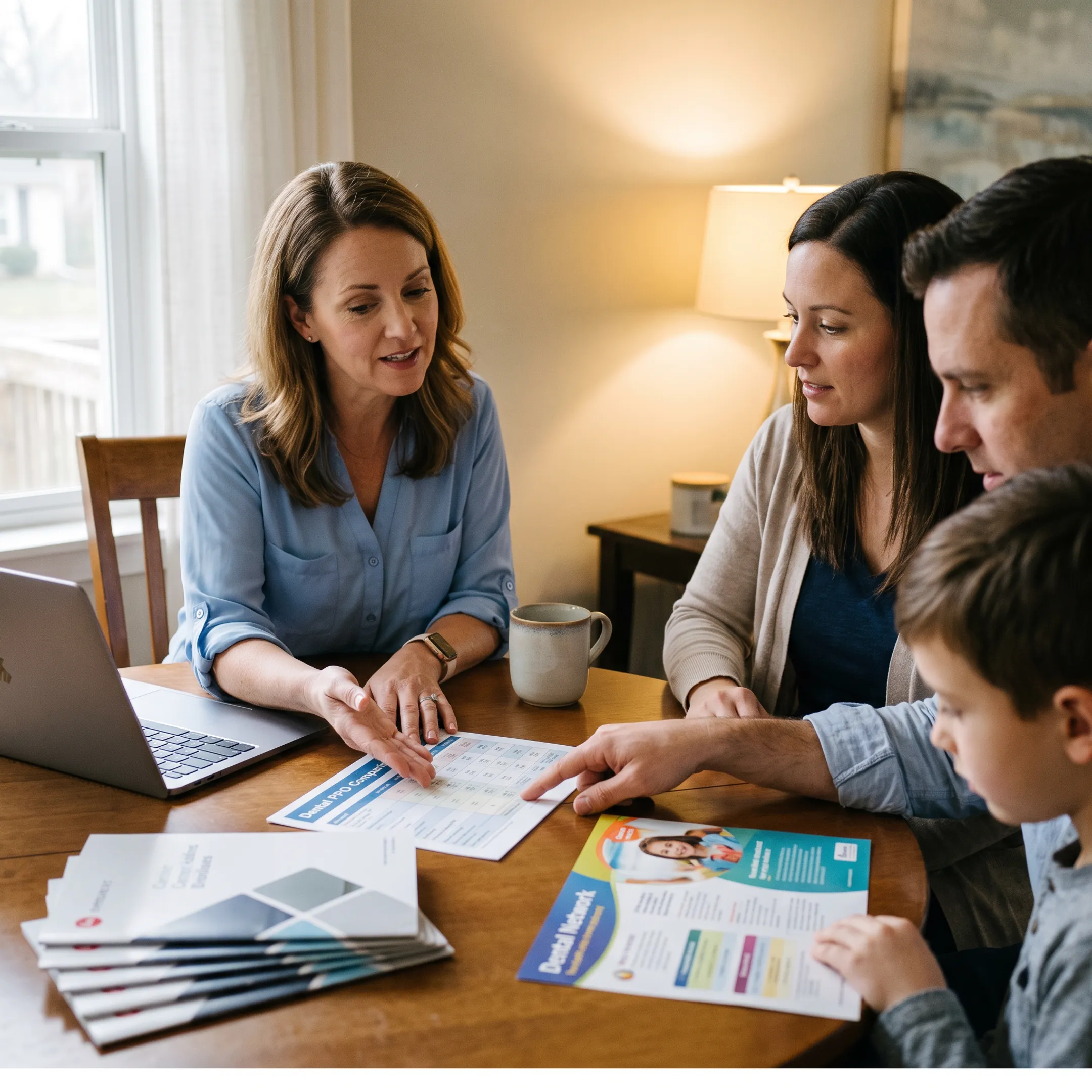 Advisor comparing dental insurance plans with a Texas family