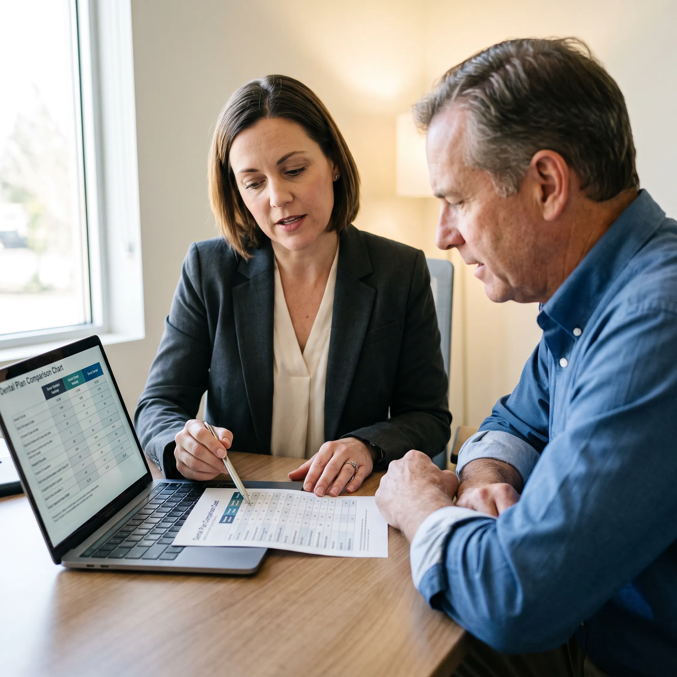 Advisor comparing dental insurance plan benefits