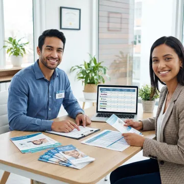 Insurance advisor helping client review dental coverage options on tablet