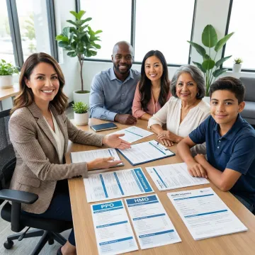 Family reviewing health insurance plan comparison charts with advisor