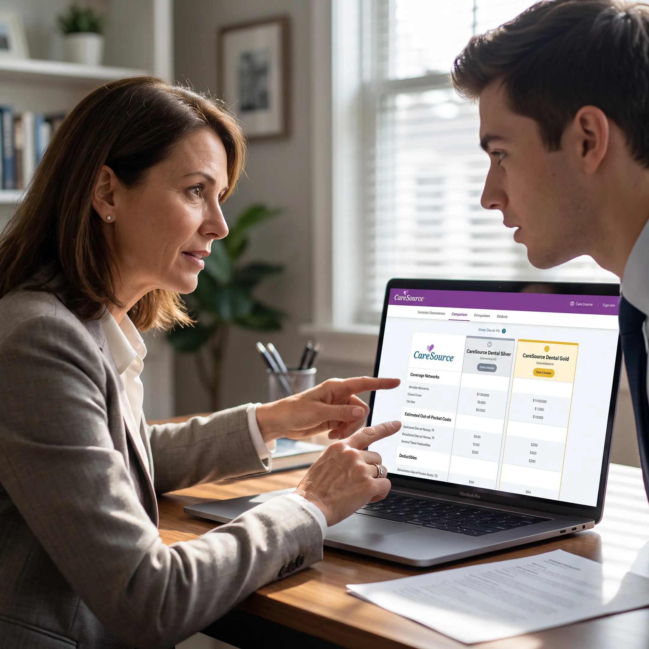 Client reviewing dental plan comparison options with an insurance advisor