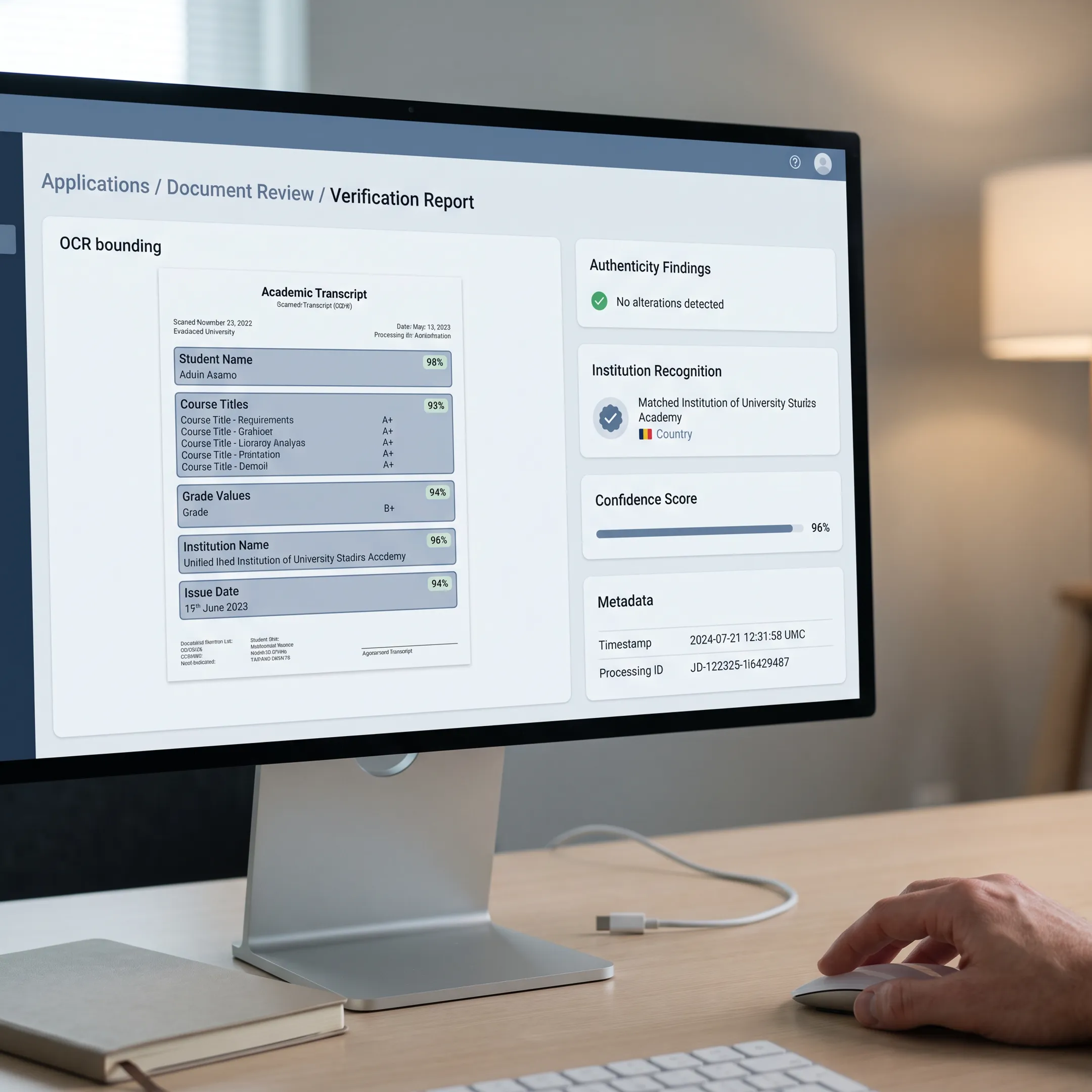 Digital document verification report showing authenticity findings and confidence scoring