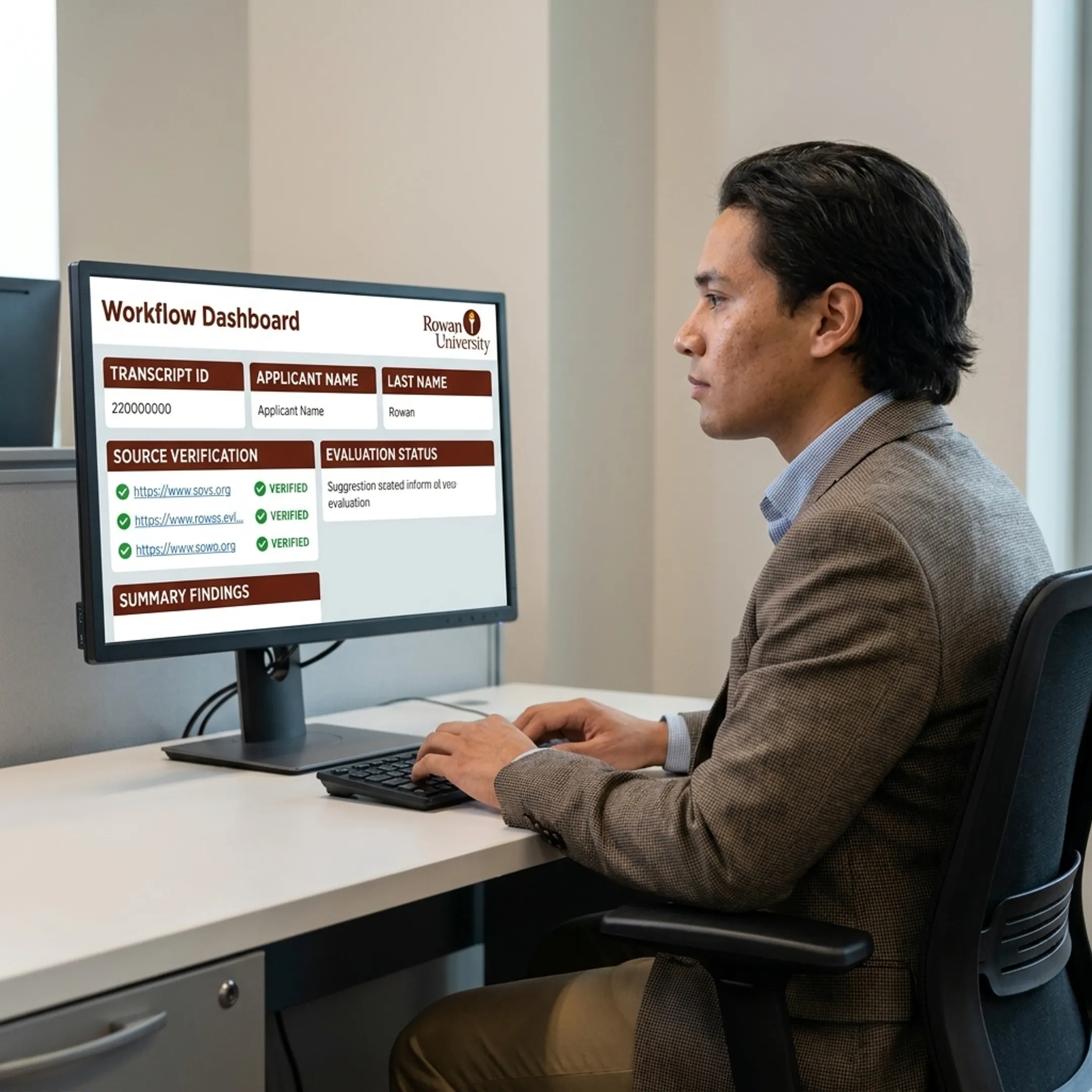 Higher-education specialist reviewing structured transcript data on a computer dashboard