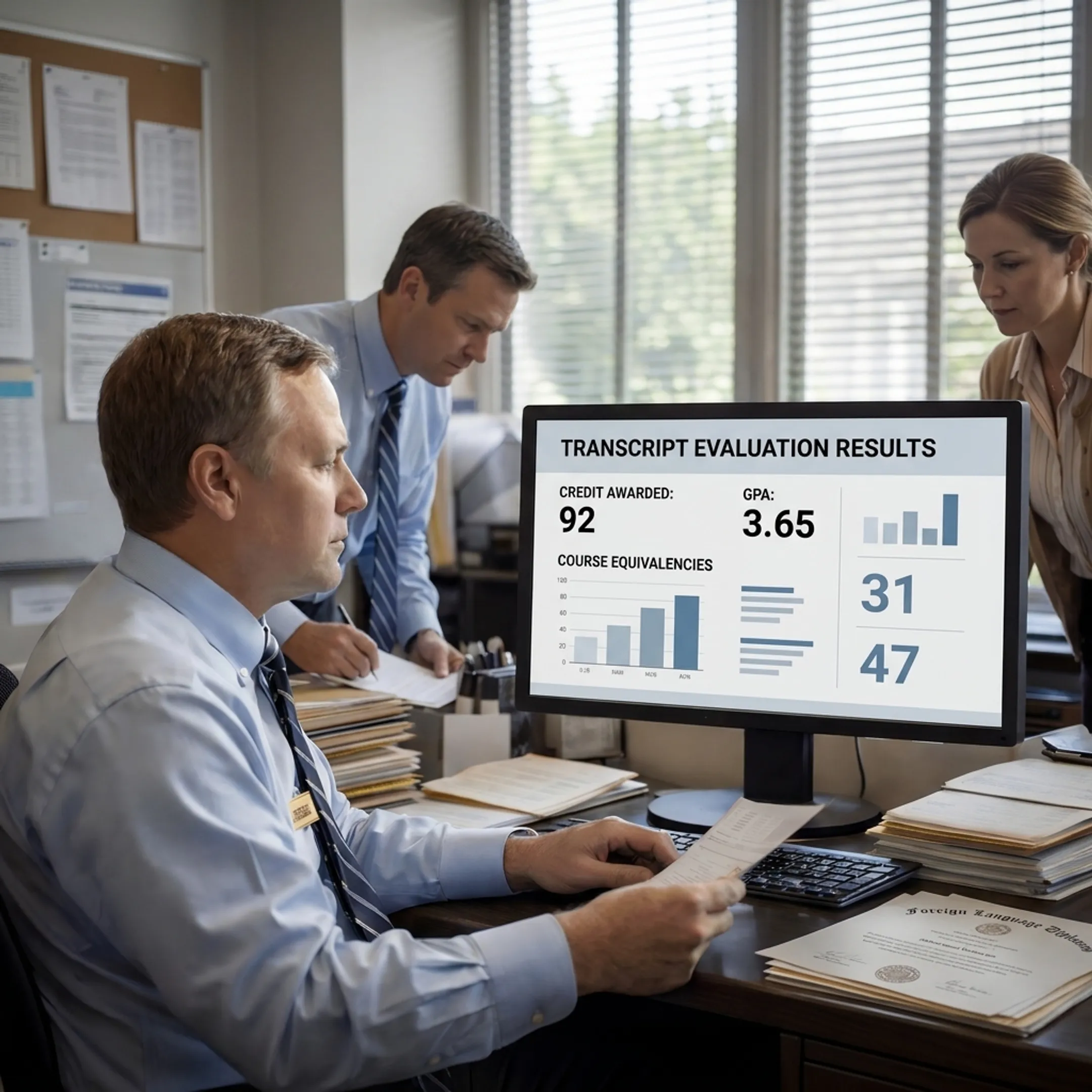 Higher-education team reviewing AI-generated academic transcript evaluation results