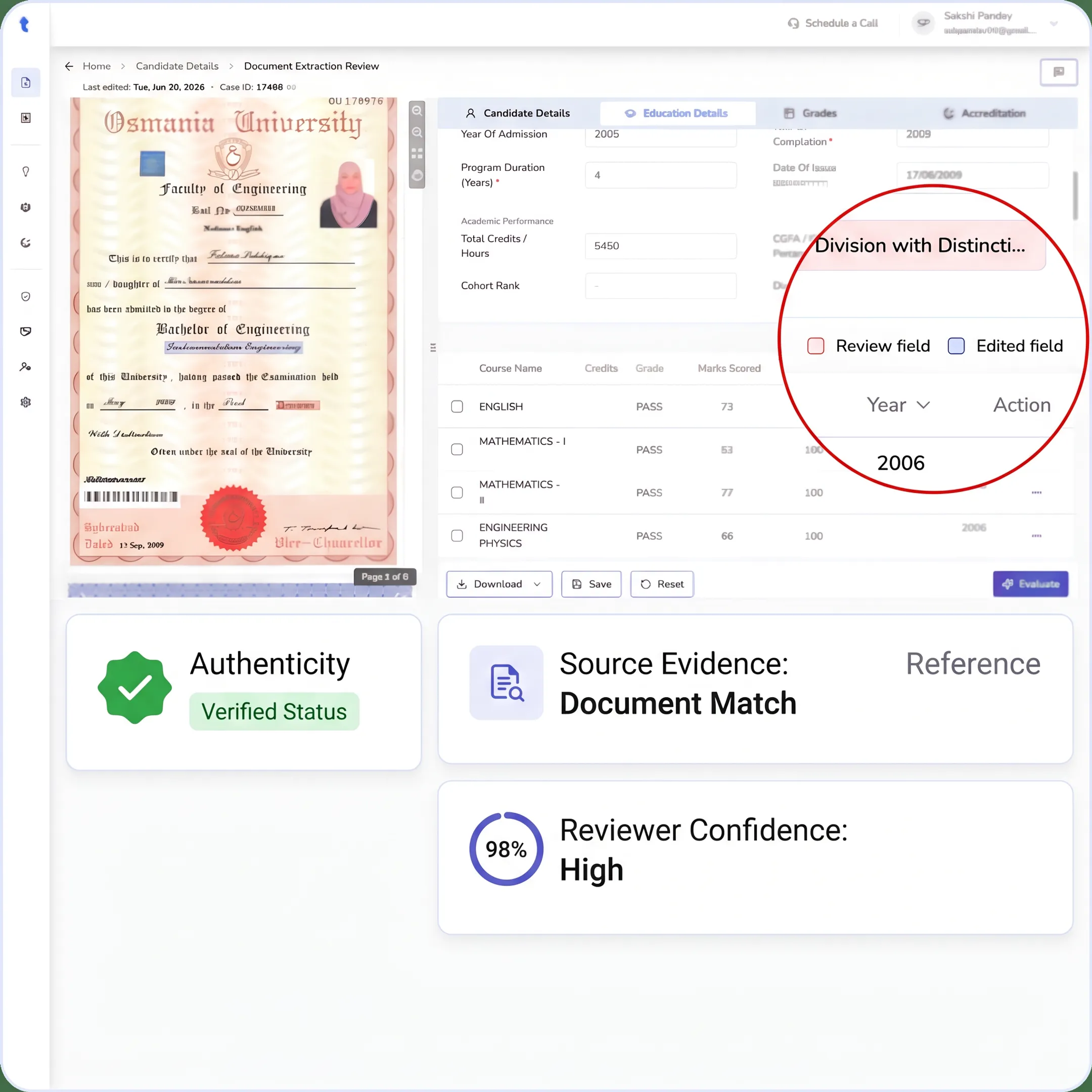 Secure digital credential verification dashboard showing source-linked academic record results