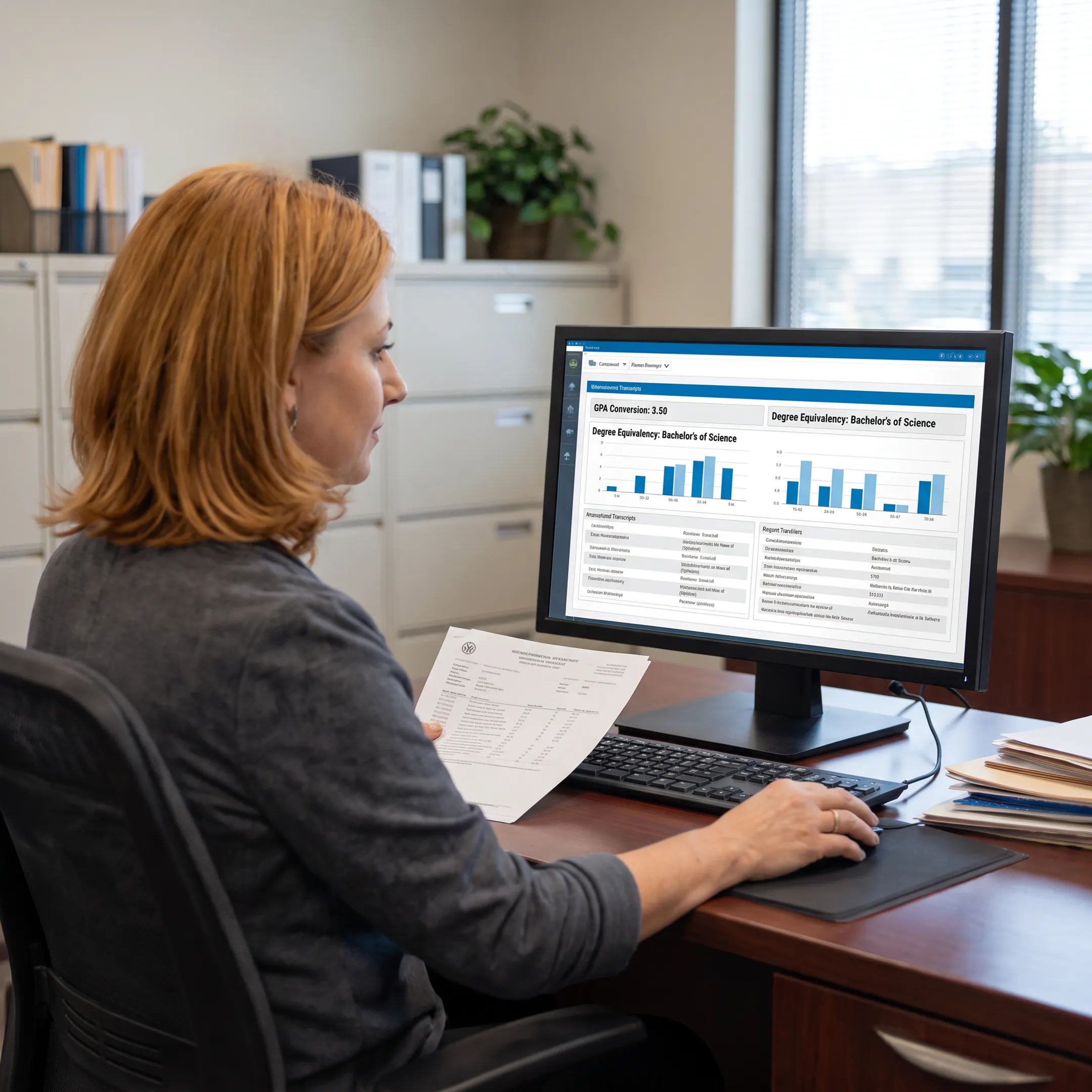 Admissions professional reviewing an international degree equivalency evaluation on a computer