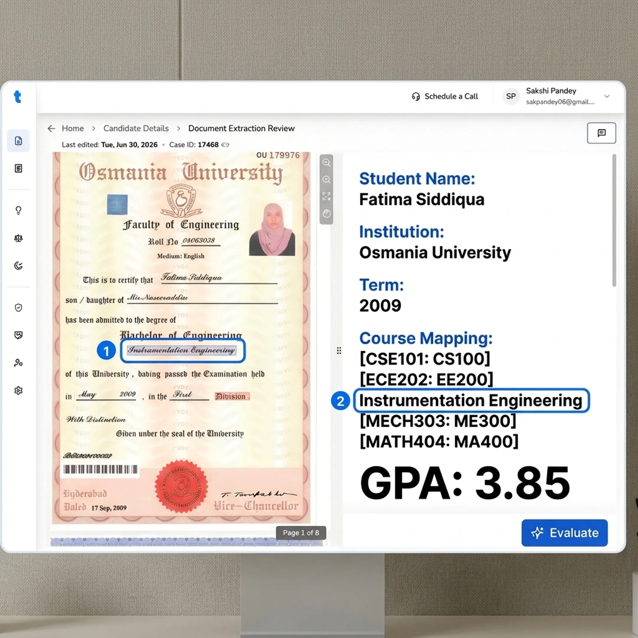 Digital transcript evaluation dashboard showing source-linked academic record data