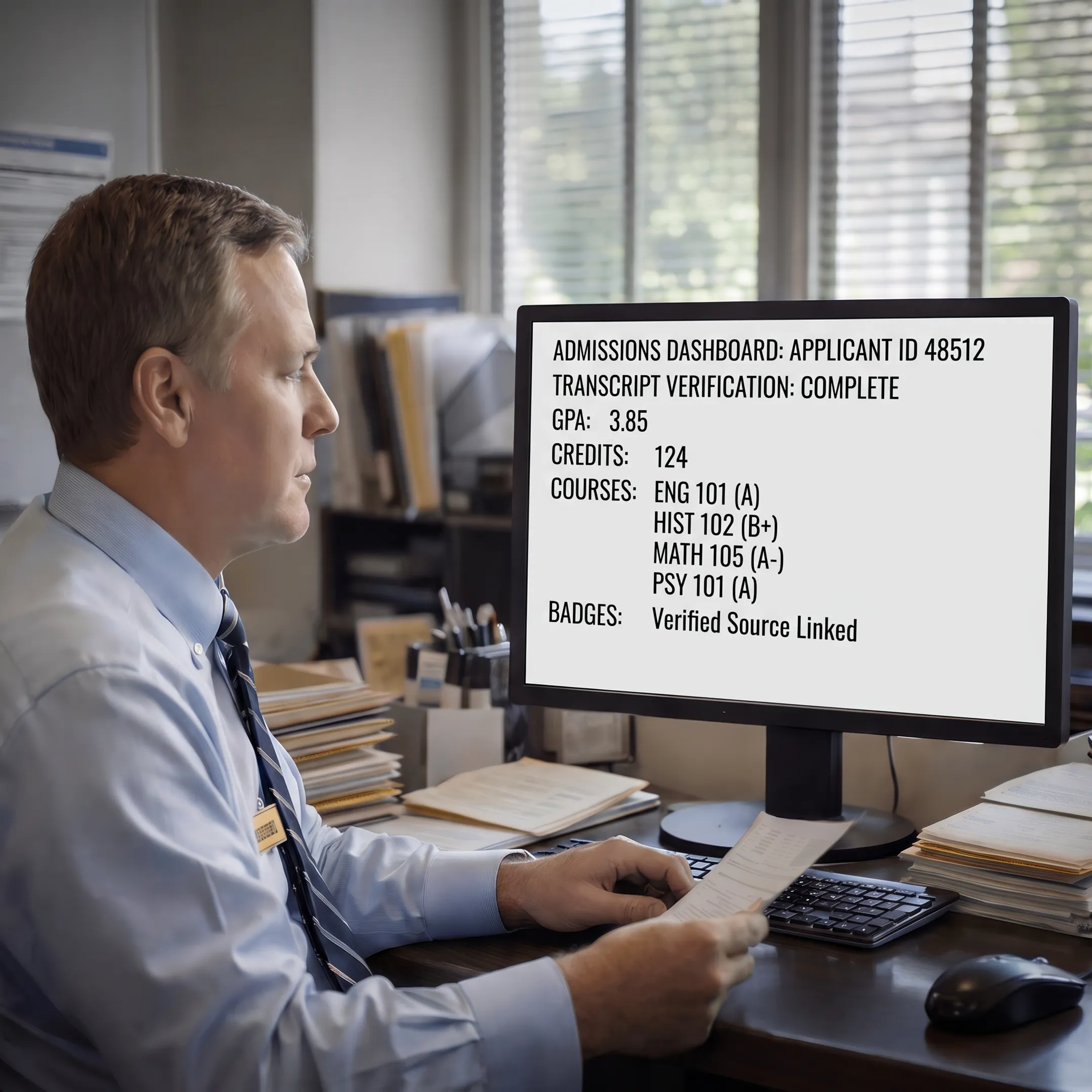 Admissions professional reviewing a digitally processed academic transcript