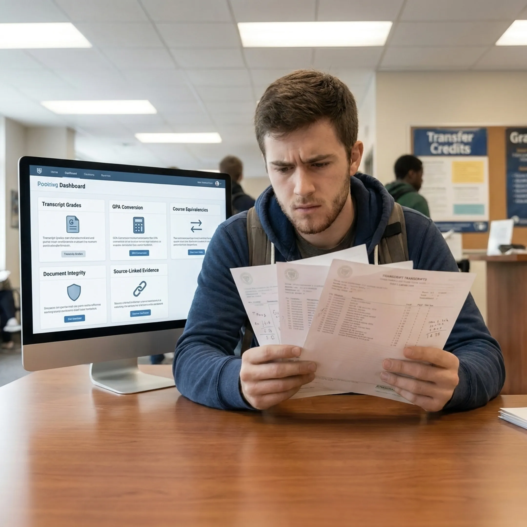 Structured transcript evaluation dashboard showing grades, credits, and source evidence