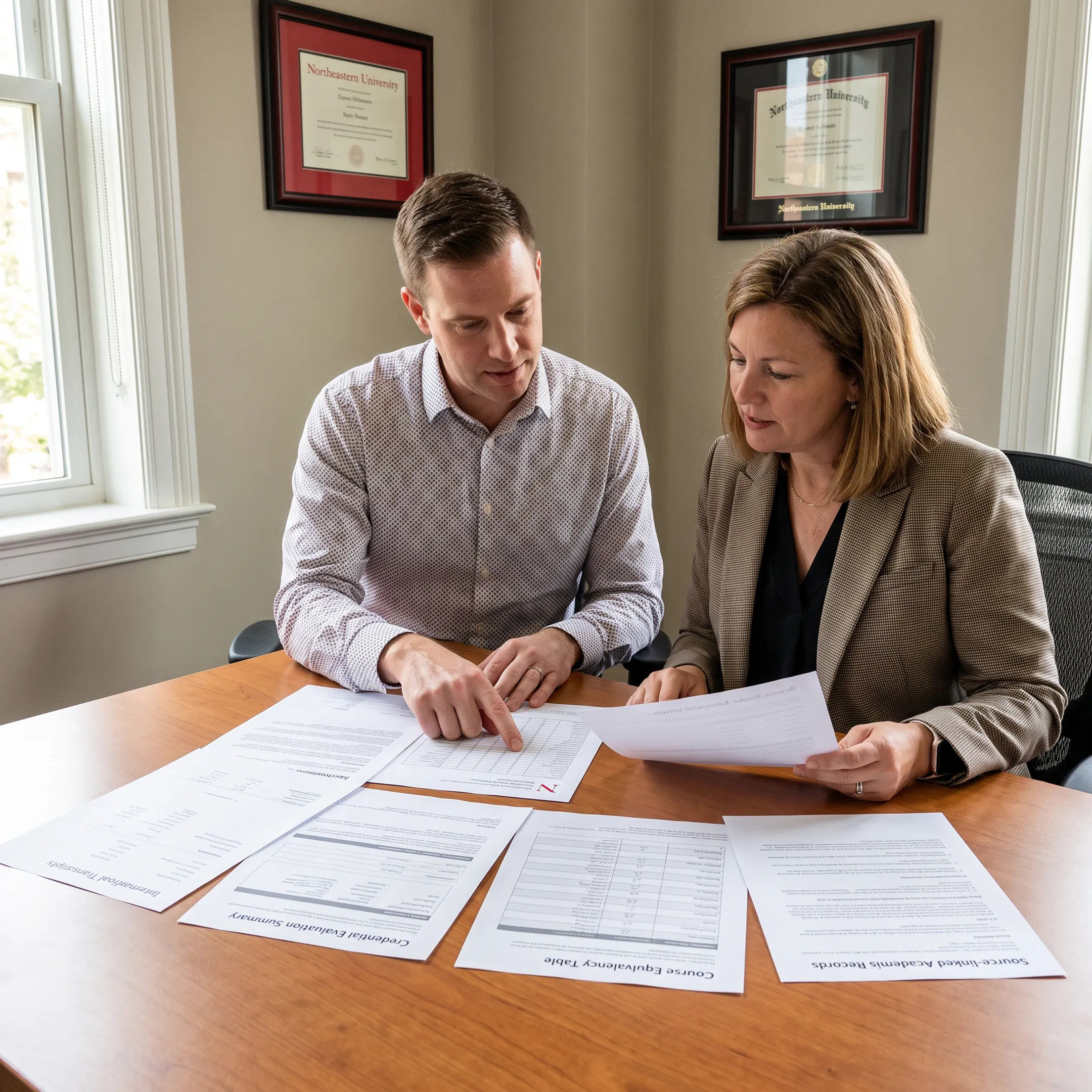 Higher-education team reviewing structured transcript evaluation results on a computer