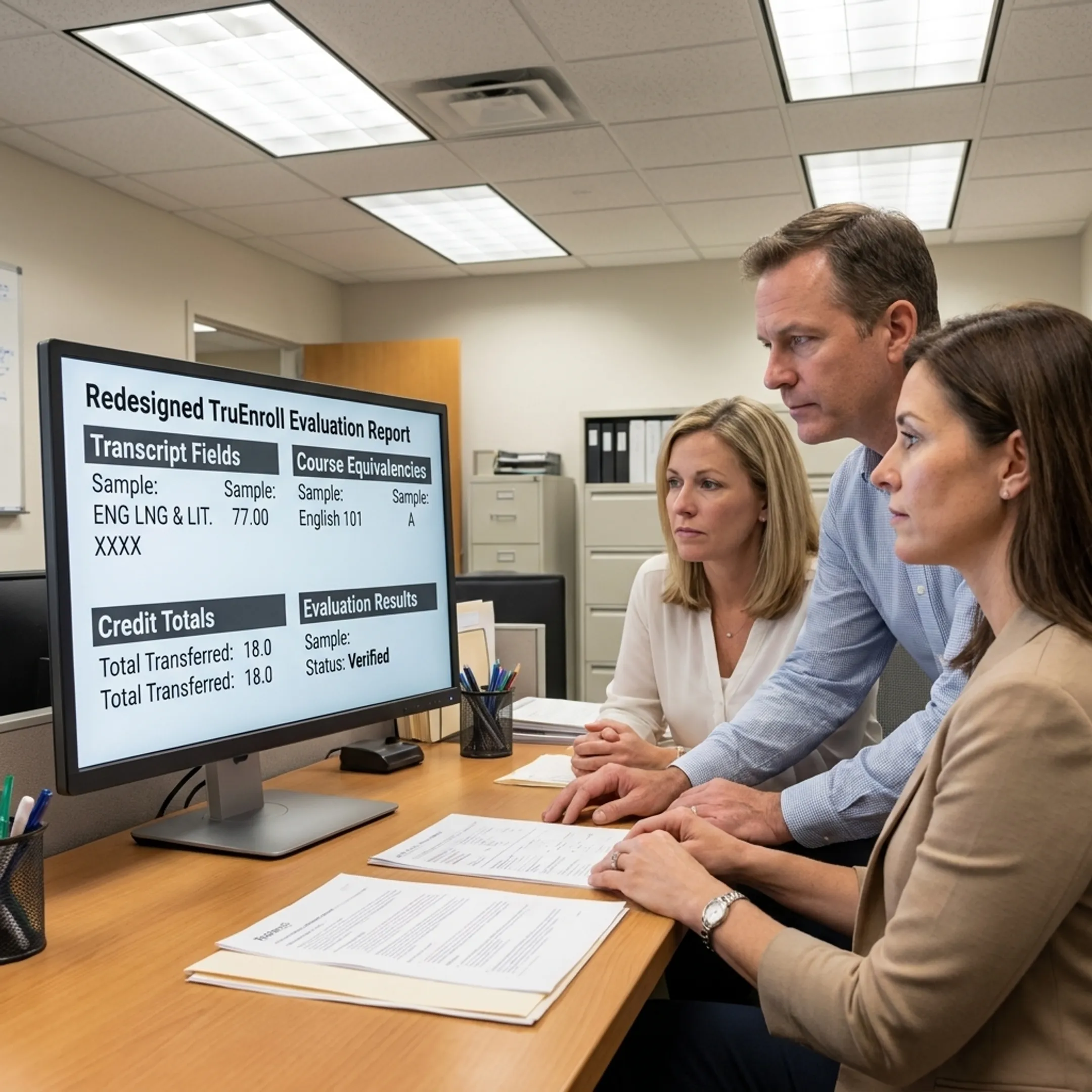 Higher-education team reviewing source-linked transfer credit evaluation data