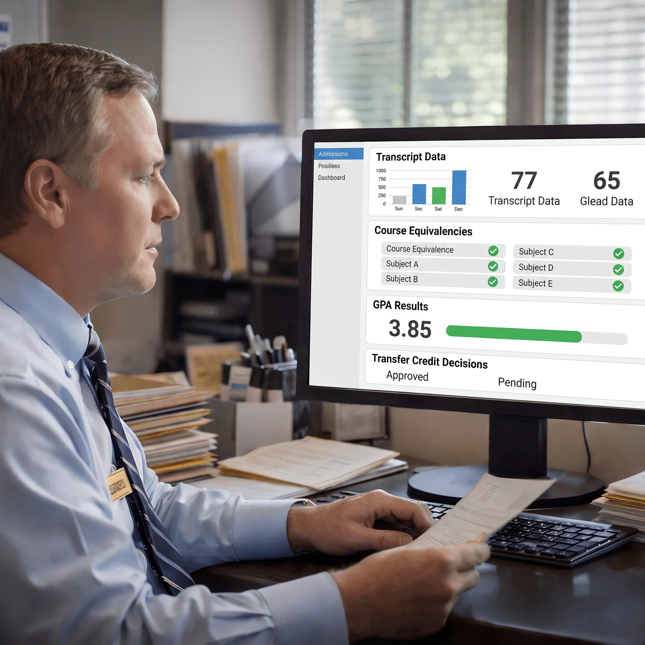 Admissions professional reviewing structured transfer credit evaluation results on a computer