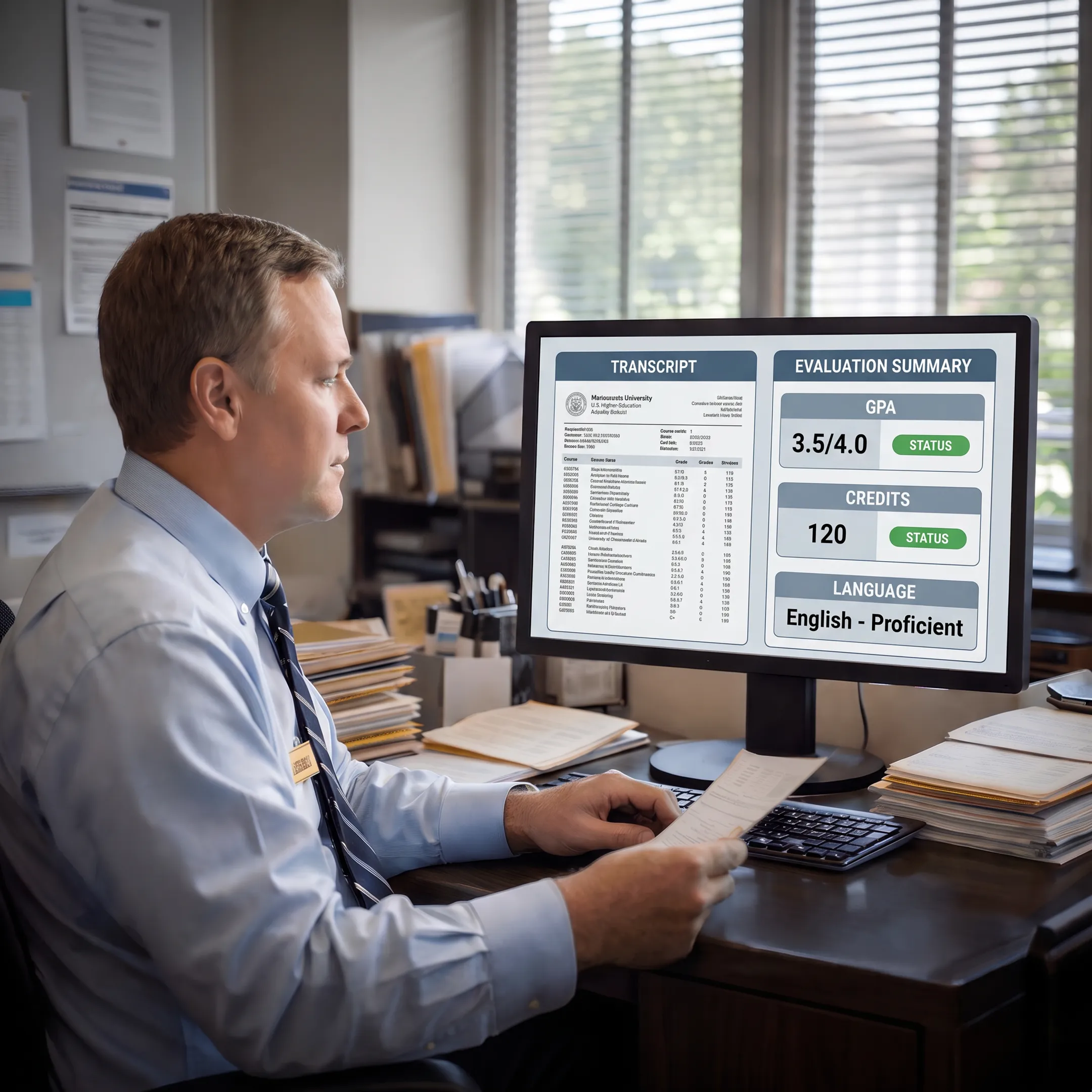 Admissions professional reviewing an international academic transcript on a secure computer platform