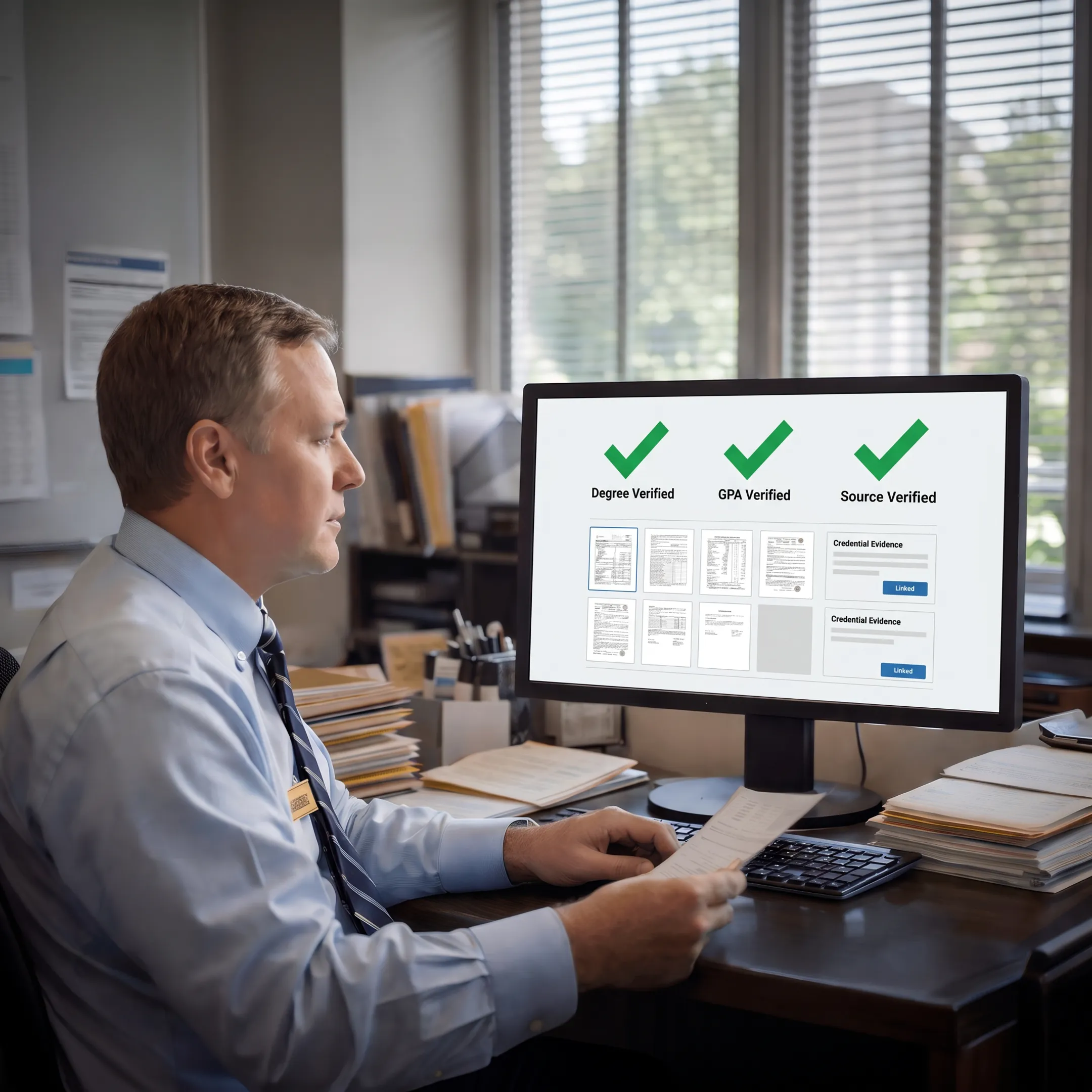 Admissions professional reviewing verified degree documents and audit-ready credential results on a computer