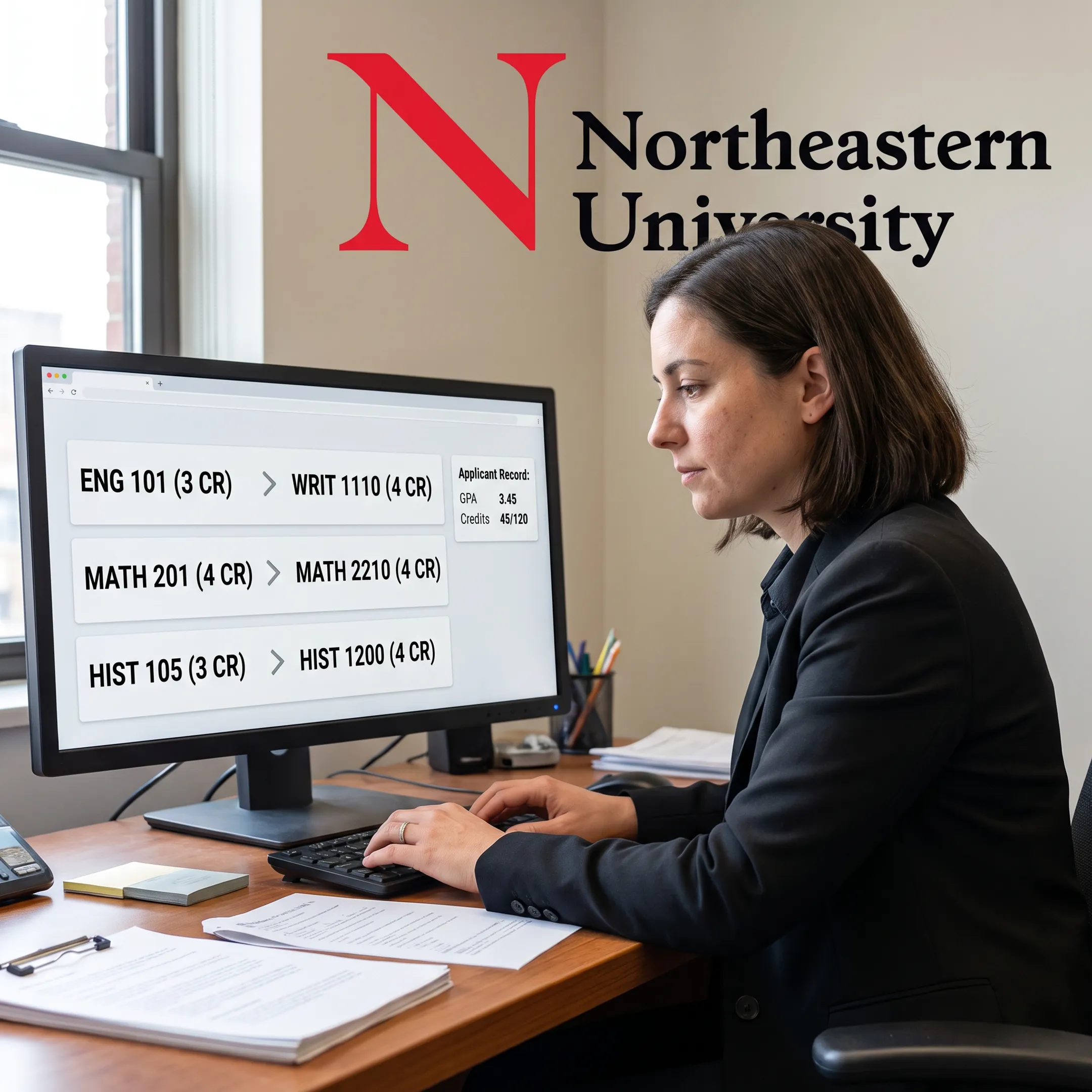 Higher-education staff reviewing transfer credit equivalencies in a self-service admissions platform