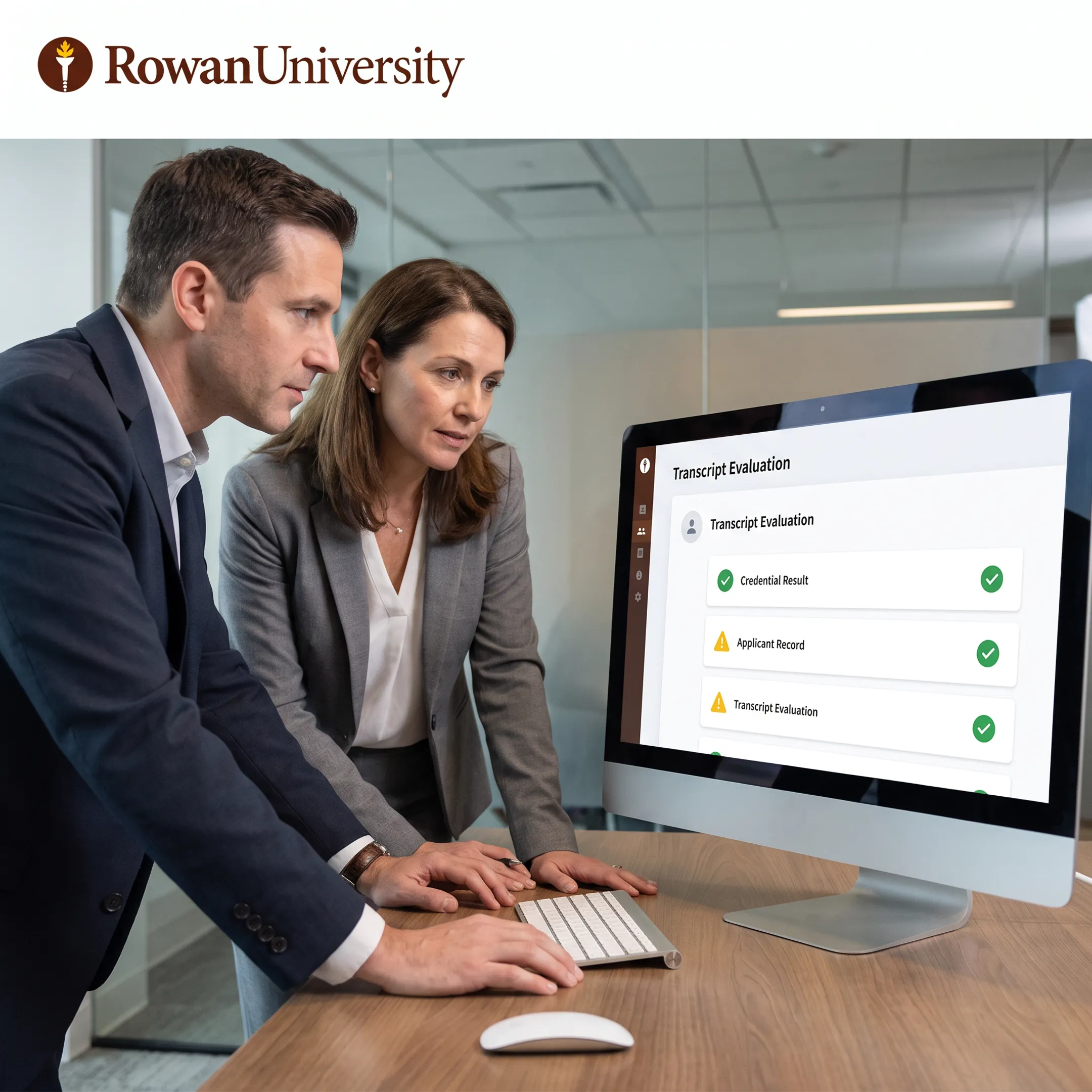 Admissions team reviewing AI-generated transcript evaluation results on a computer dashboard