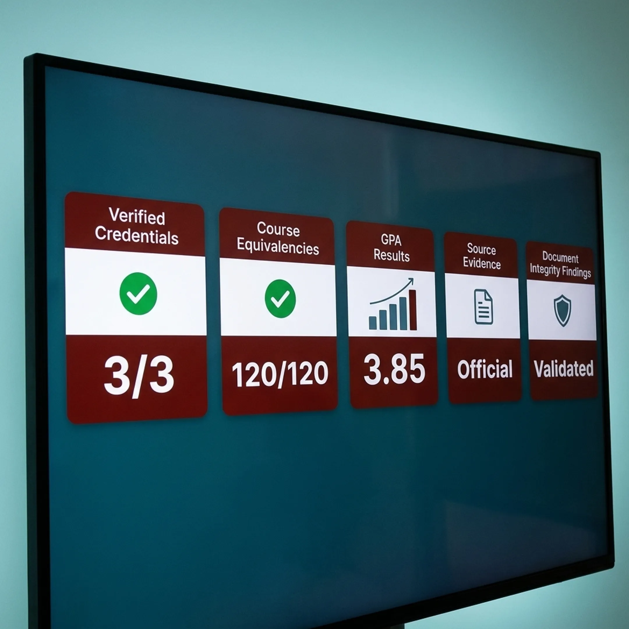 Structured academic credential evaluation and verification results displayed for admissions review