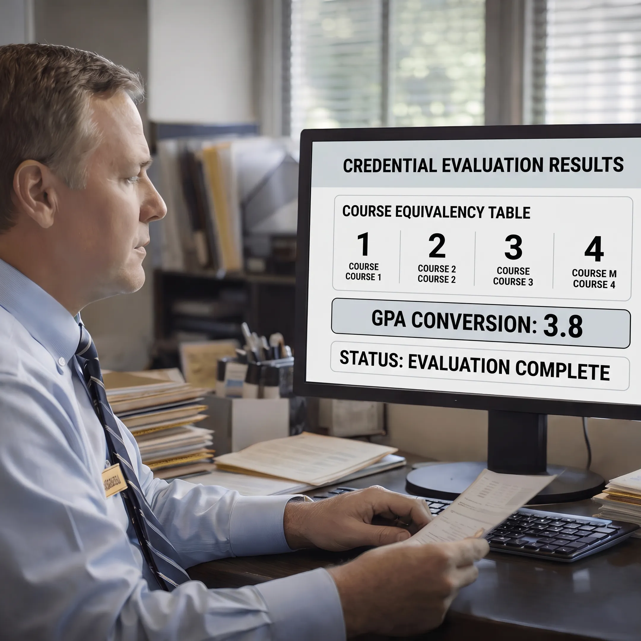 Admissions professional reviewing a digitally evaluated international transcript