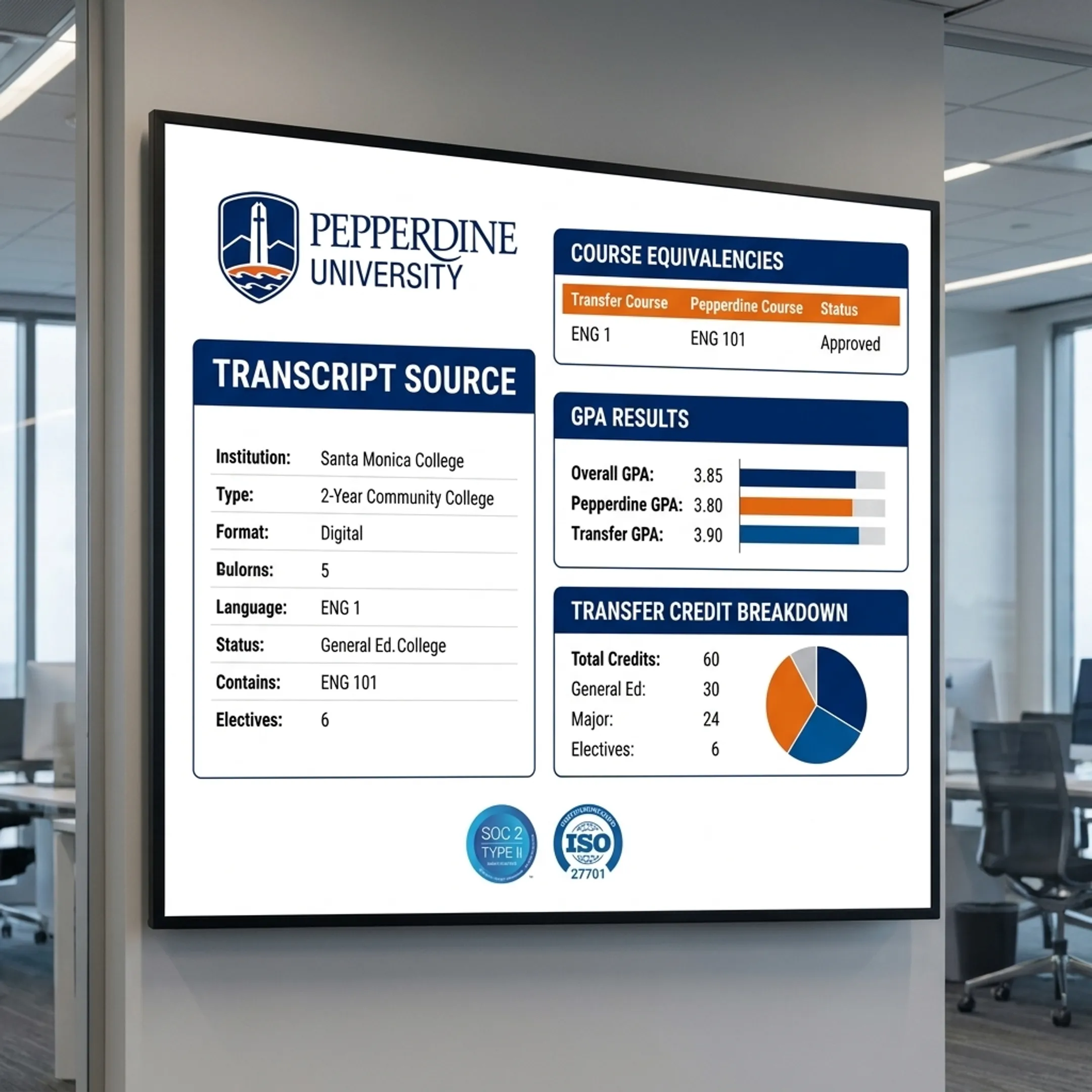 Structured transfer credit results displayed alongside an original academic transcript