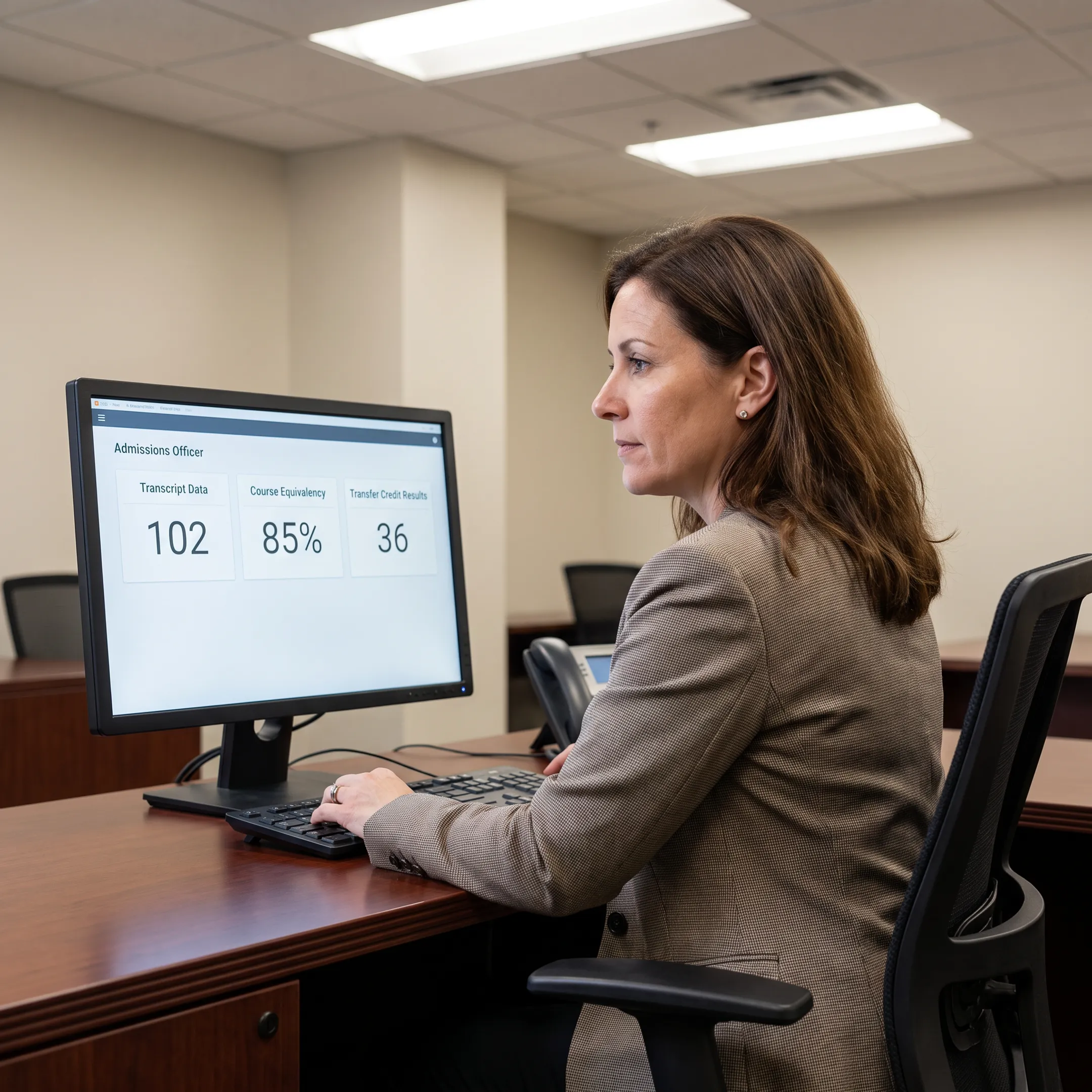 Admissions professional reviewing an automated transfer credit evaluation on a university records platform