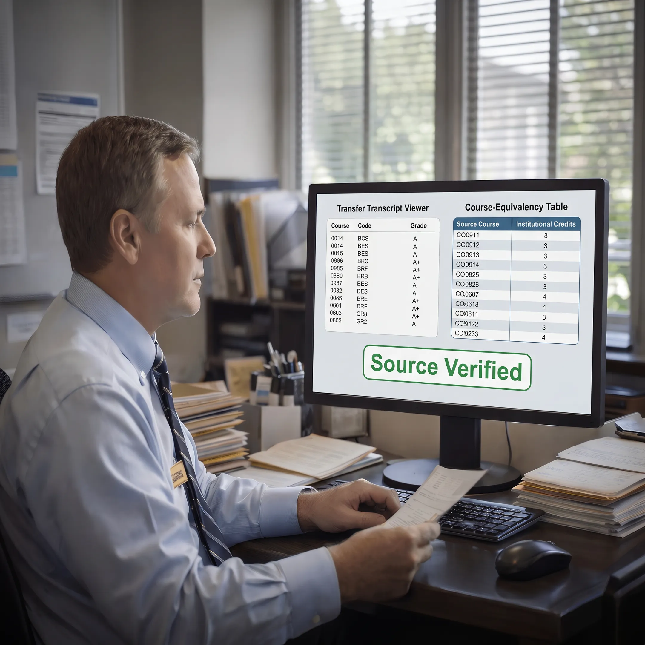 Admissions professional reviewing transfer transcript equivalencies on a computer