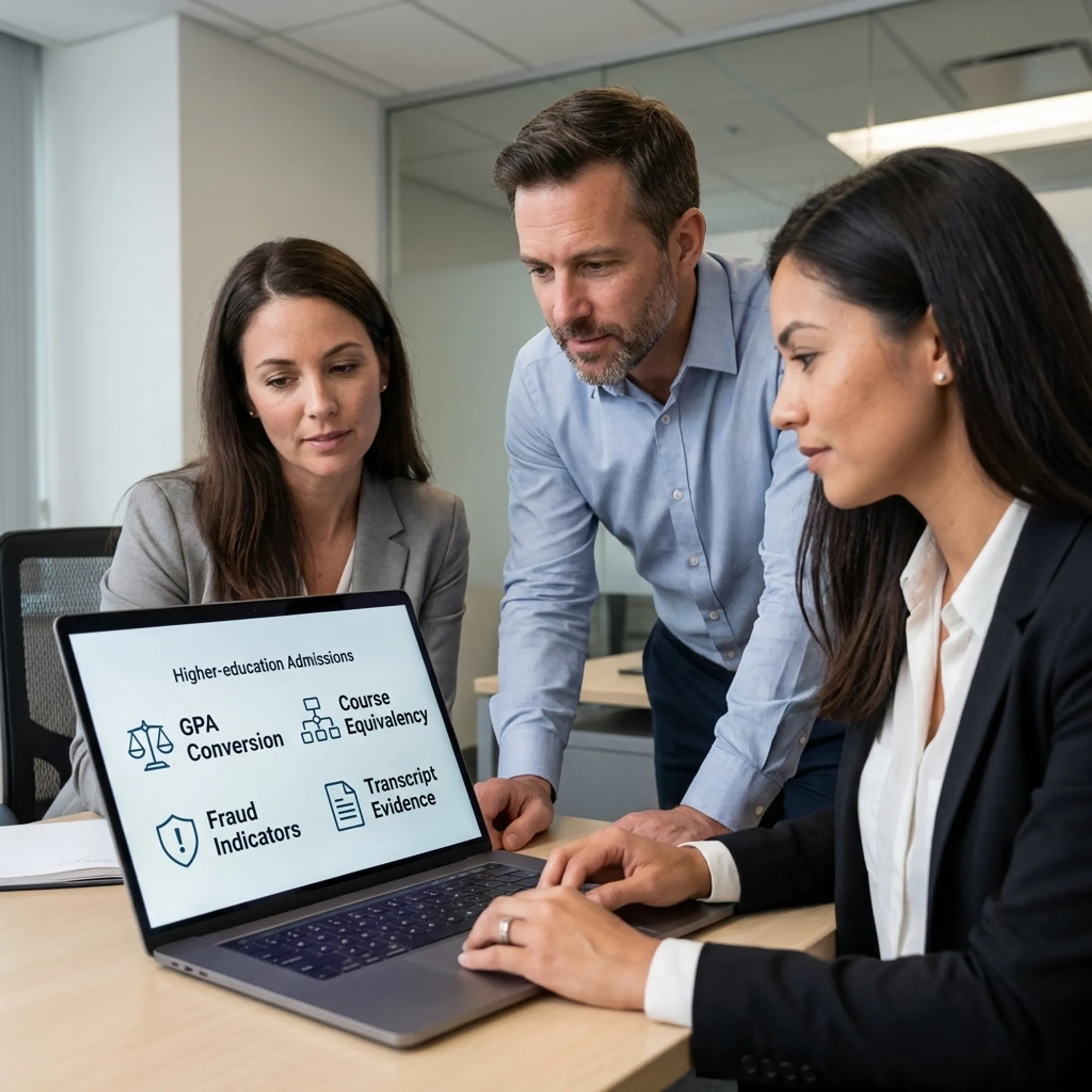 Admissions team examining transcript evaluation results and source-linked academic records