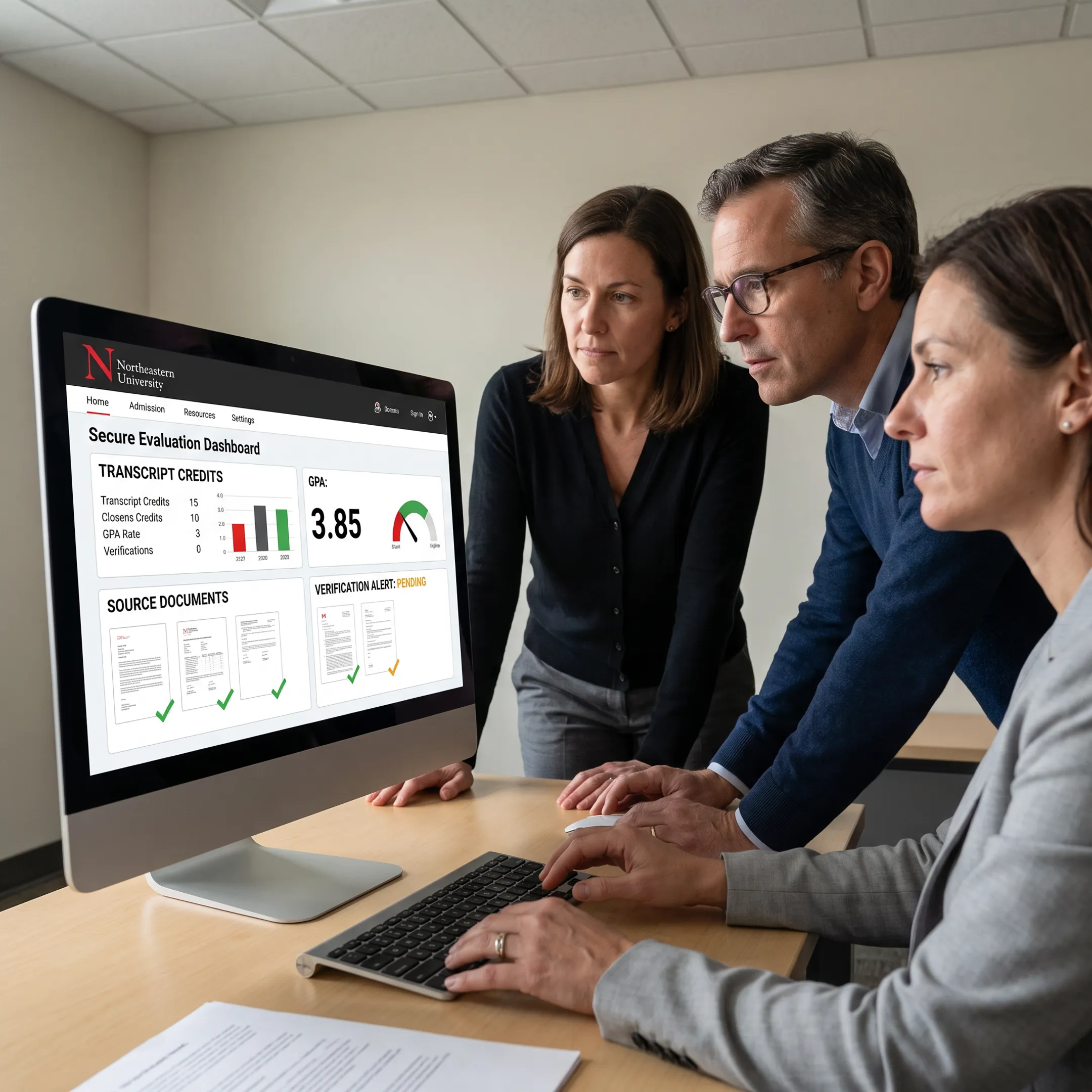Higher-education staff reviewing an AI-generated transcript credit evaluation on a secure dashboard